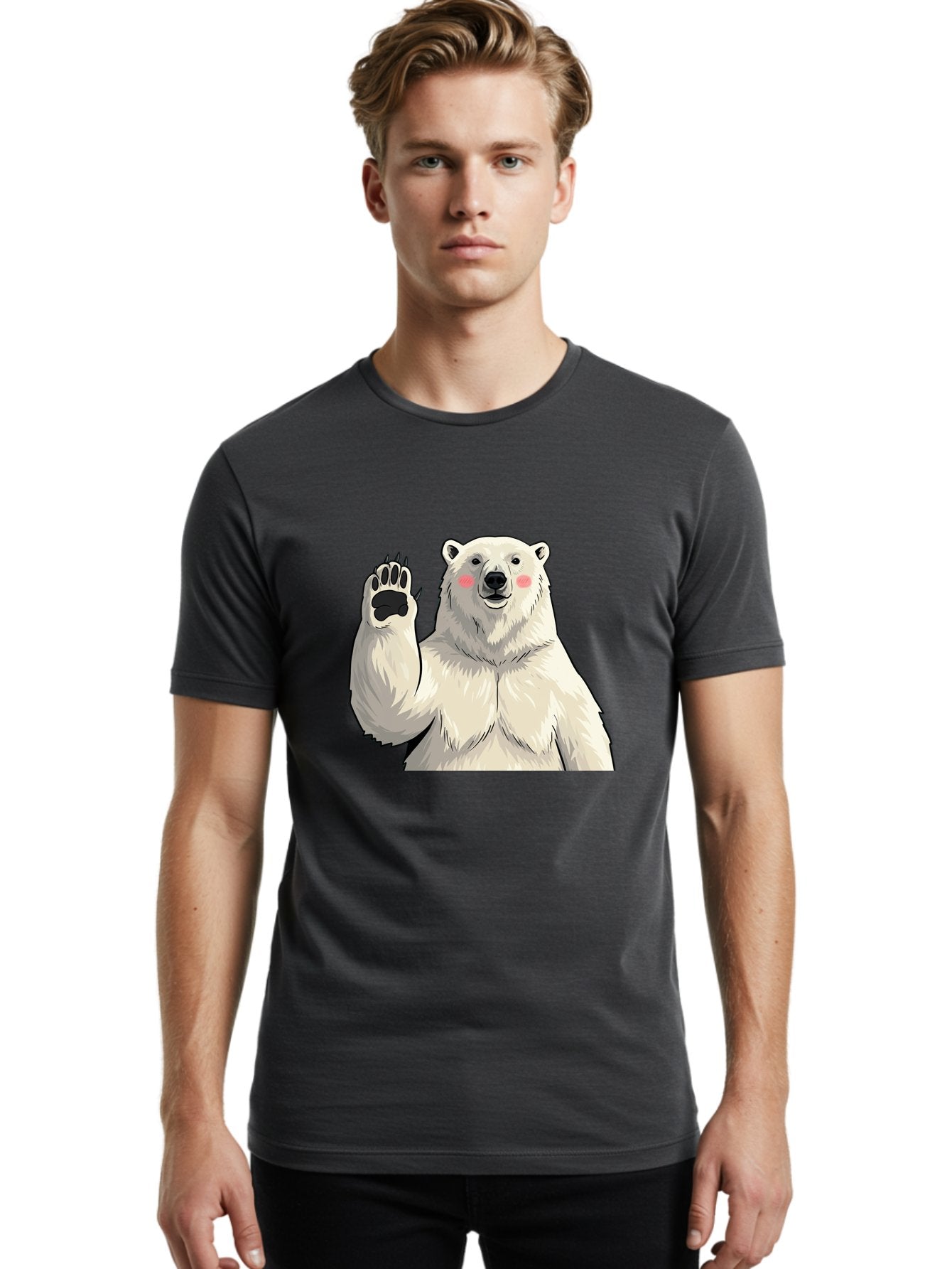 Polar-Bear-4 Men'S Graphic Tee, 100% Cotton, Comfortable Casual Summer Wear, Machine Washable, Cute Polar Bear, Waving Paw, Friendly Gesture, Adorable Cartoon, Pink Blush Cheeks, White Fur, Black Nose, Cartoon Character, Kawaii Design Bae641 24