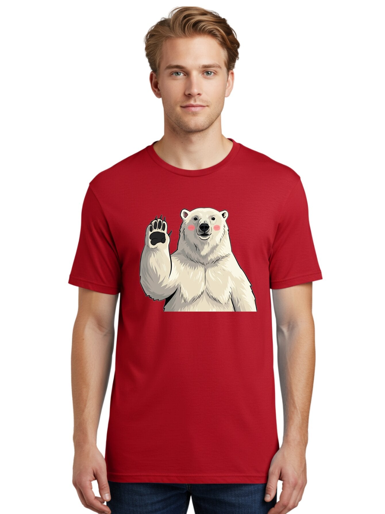 Polar-Bear-4 Men'S Graphic Tee, 100% Cotton, Comfortable Casual Summer Wear, Machine Washable, Cute Polar Bear, Waving Paw, Friendly Gesture, Adorable Cartoon, Pink Blush Cheeks, White Fur, Black Nose, Cartoon Character, Kawaii Design Bae641 19