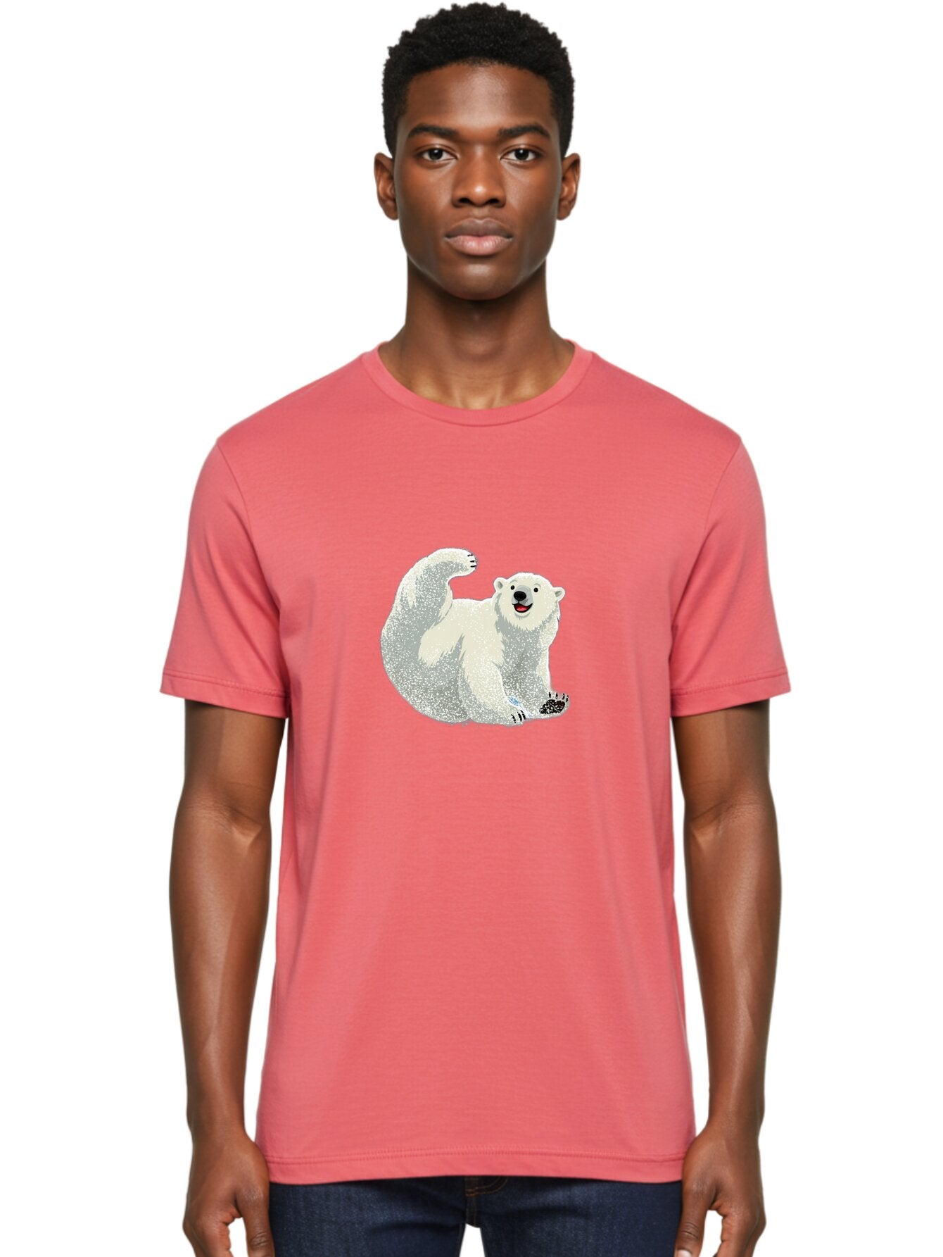 Polar-Bear-8 Men'S Graphic Tee, 100% Cotton, Comfortable Casual Summer Wear, Machine Washable, Polar Bear, Cartoon Polar Bear, White Bear, Playful Bear, Happy Bear, Bear With One Paw Up, Wild Animal, Cute Bear, Bear Illustration Bae645 26