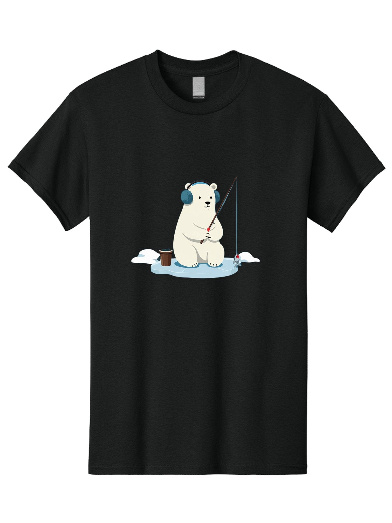 Polar-Bear-Fishing Men'S Graphic Tee, 100% Cotton, Comfortable Casual Summer Wear, Machine Washable, Polar Bear With Headphones, Fishing On Ice, Ice Floe, Fishing Rod, Cartoon Character, Winter Activity, Frozen Landscape, Fishing Bucket, Bae647