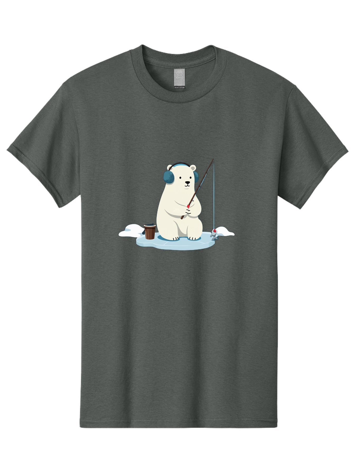 Polar-Bear-Fishing Men'S Graphic Tee, 100% Cotton, Comfortable Casual Summer Wear, Machine Washable, Polar Bear With Headphones, Fishing On Ice, Ice Floe, Fishing Rod, Cartoon Character, Winter Activity, Frozen Landscape, Fishing Bucket, Bae647 7
