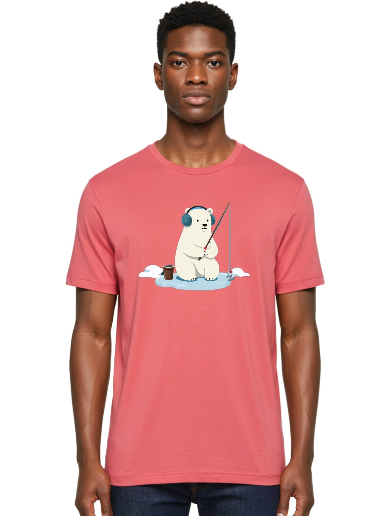 Polar-Bear-Fishing Men'S Graphic Tee, 100% Cotton, Comfortable Casual Summer Wear, Machine Washable, Polar Bear With Headphones, Fishing On Ice, Ice Floe, Fishing Rod, Cartoon Character, Winter Activity, Frozen Landscape, Fishing Bucket, Bae647 30