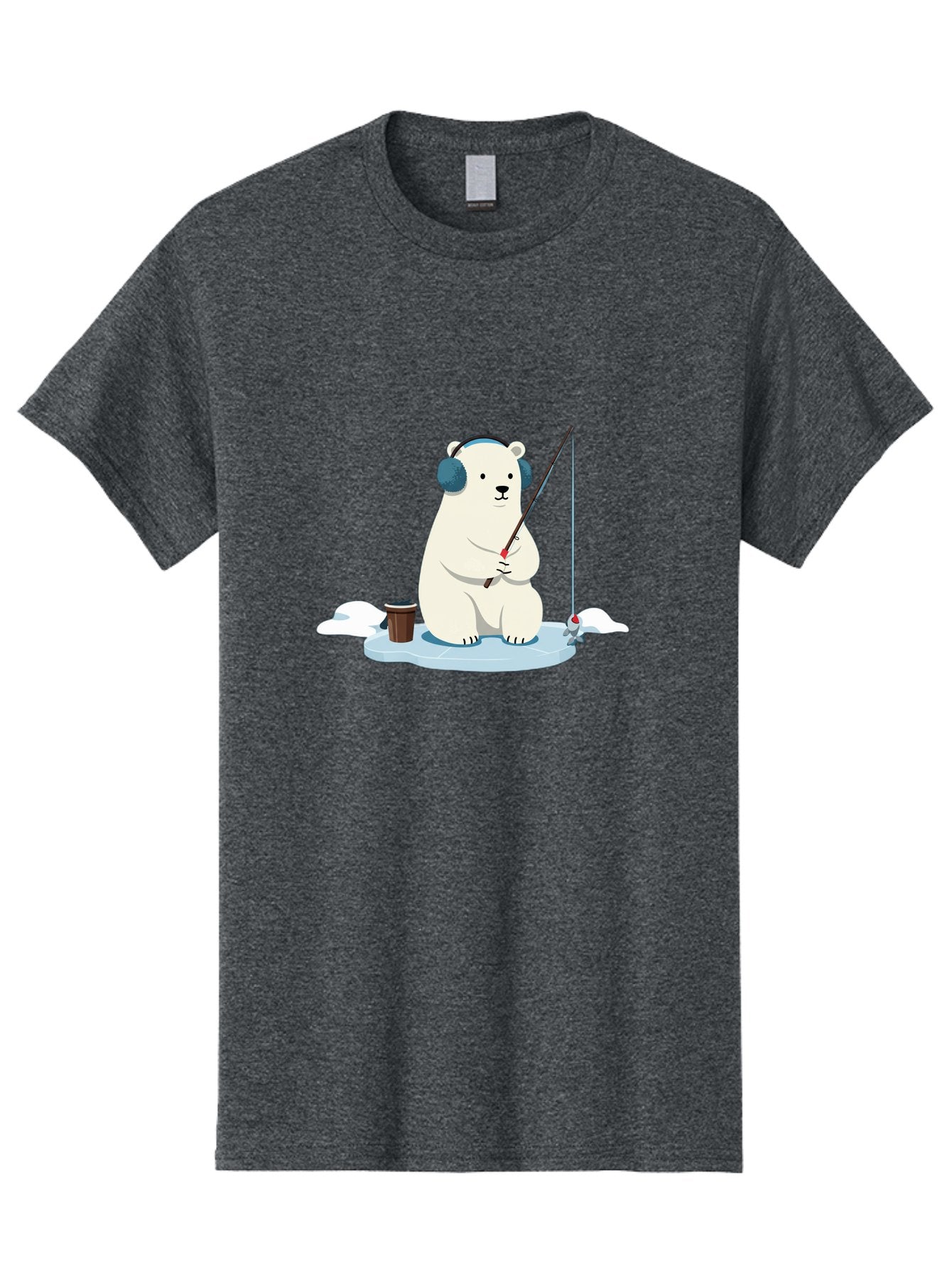 Polar-Bear-Fishing Men'S Graphic Tee, 100% Cotton, Comfortable Casual Summer Wear, Machine Washable, Polar Bear With Headphones, Fishing On Ice, Ice Floe, Fishing Rod, Cartoon Character, Winter Activity, Frozen Landscape, Fishing Bucket, Bae647