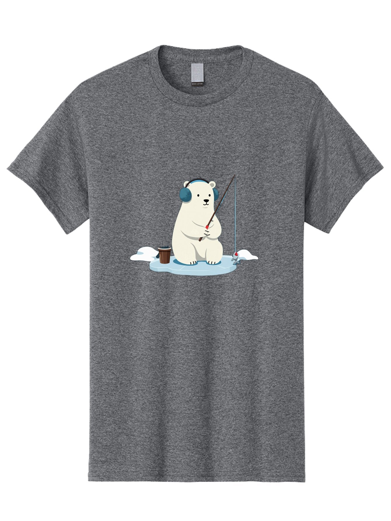 Polar-Bear-Fishing Men'S Graphic Tee, 100% Cotton, Comfortable Casual Summer Wear, Machine Washable, Polar Bear With Headphones, Fishing On Ice, Ice Floe, Fishing Rod, Cartoon Character, Winter Activity, Frozen Landscape, Fishing Bucket, Bae647 3
