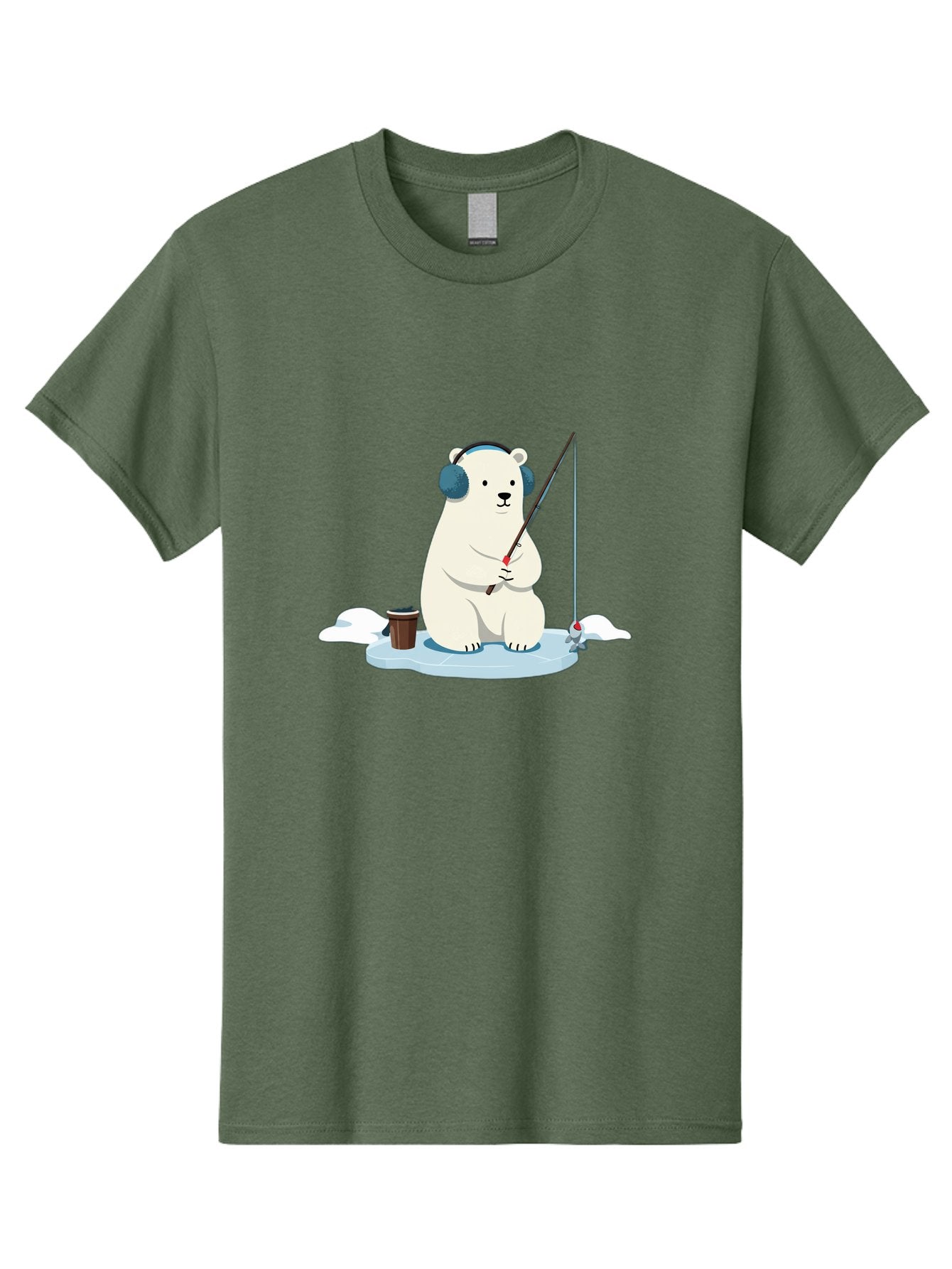 Polar-Bear-Fishing Men'S Graphic Tee, 100% Cotton, Comfortable Casual Summer Wear, Machine Washable, Polar Bear With Headphones, Fishing On Ice, Ice Floe, Fishing Rod, Cartoon Character, Winter Activity, Frozen Landscape, Fishing Bucket, Bae647 13