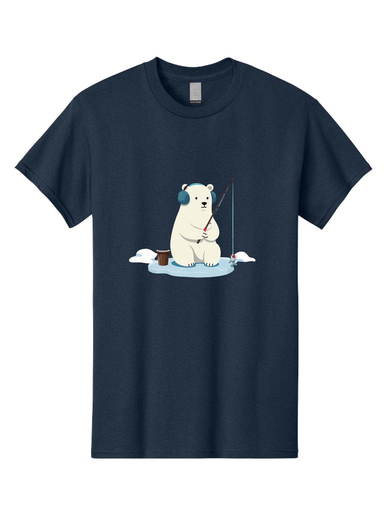 Polar-Bear-Fishing Men'S Graphic Tee, 100% Cotton, Comfortable Casual Summer Wear, Machine Washable, Polar Bear With Headphones, Fishing On Ice, Ice Floe, Fishing Rod, Cartoon Character, Winter Activity, Frozen Landscape, Fishing Bucket, Bae647 4
