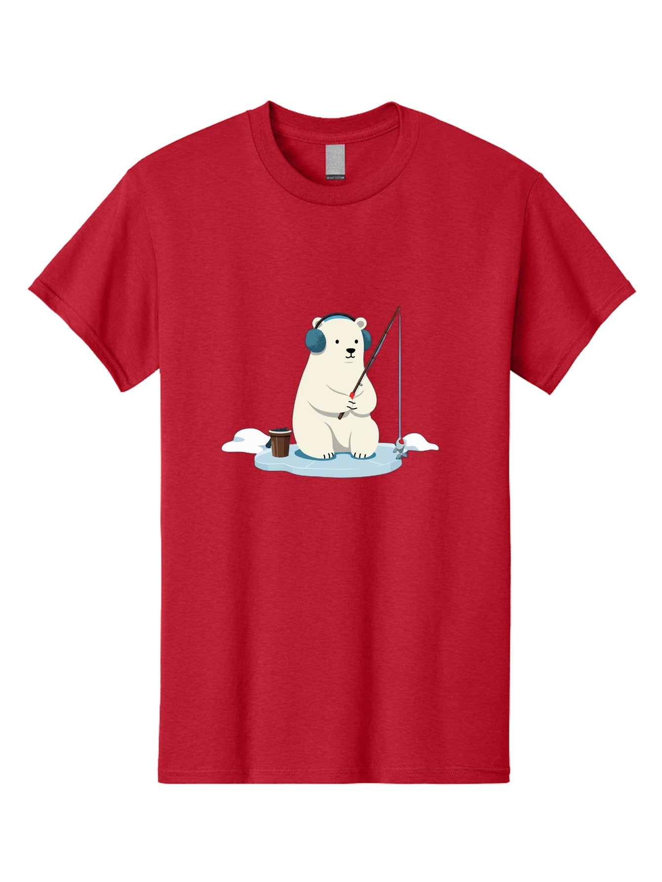 Polar-Bear-Fishing Men'S Graphic Tee, 100% Cotton, Comfortable Casual Summer Wear, Machine Washable, Polar Bear With Headphones, Fishing On Ice, Ice Floe, Fishing Rod, Cartoon Character, Winter Activity, Frozen Landscape, Fishing Bucket, Bae647 5