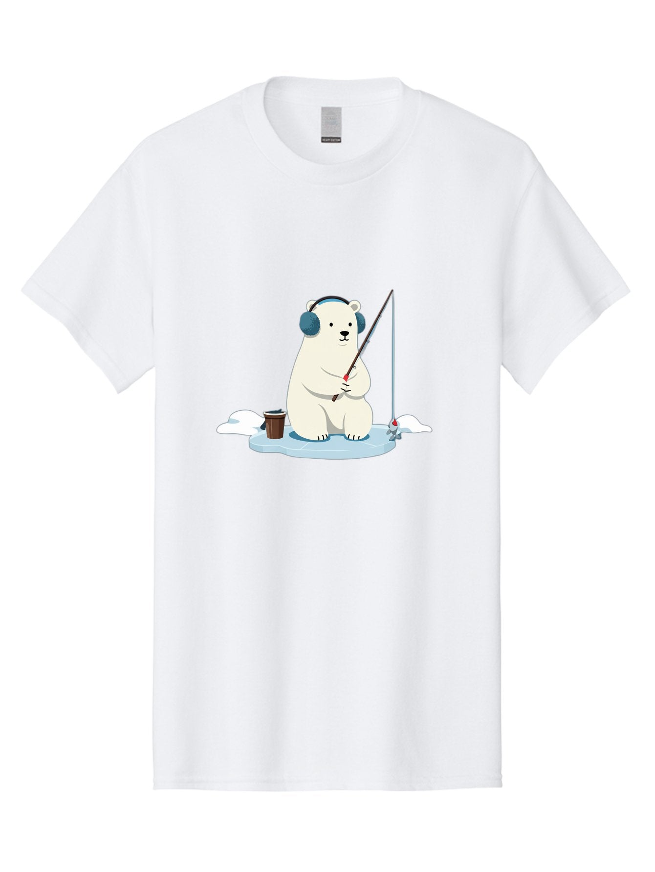 Polar-Bear-Fishing Men'S Graphic Tee, 100% Cotton, Comfortable Casual Summer Wear, Machine Washable, Polar Bear With Headphones, Fishing On Ice, Ice Floe, Fishing Rod, Cartoon Character, Winter Activity, Frozen Landscape, Fishing Bucket, Bae647 11
