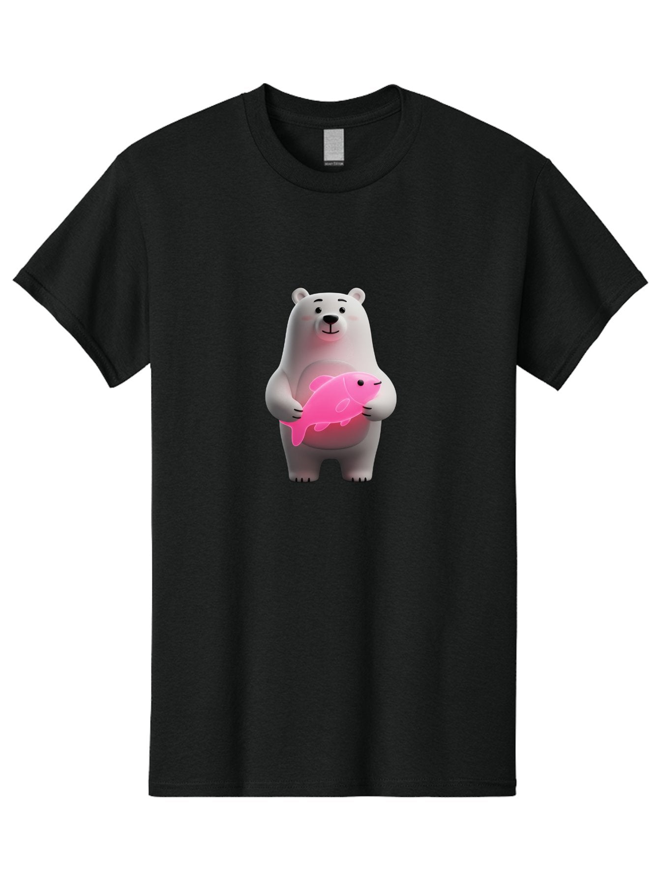 Polar-Bear-Holding-Fish-1 Men'S Graphic Tee, 100% Cotton, Comfortable Casual Summer Wear, Machine Washable, Cartoon Polar Bear, Cute Illustration, White Bear, Pink Fish, Adorable Scene, Kawaii Art, Digital Character, Smiling Bear, Holding Fish Bae648 13
