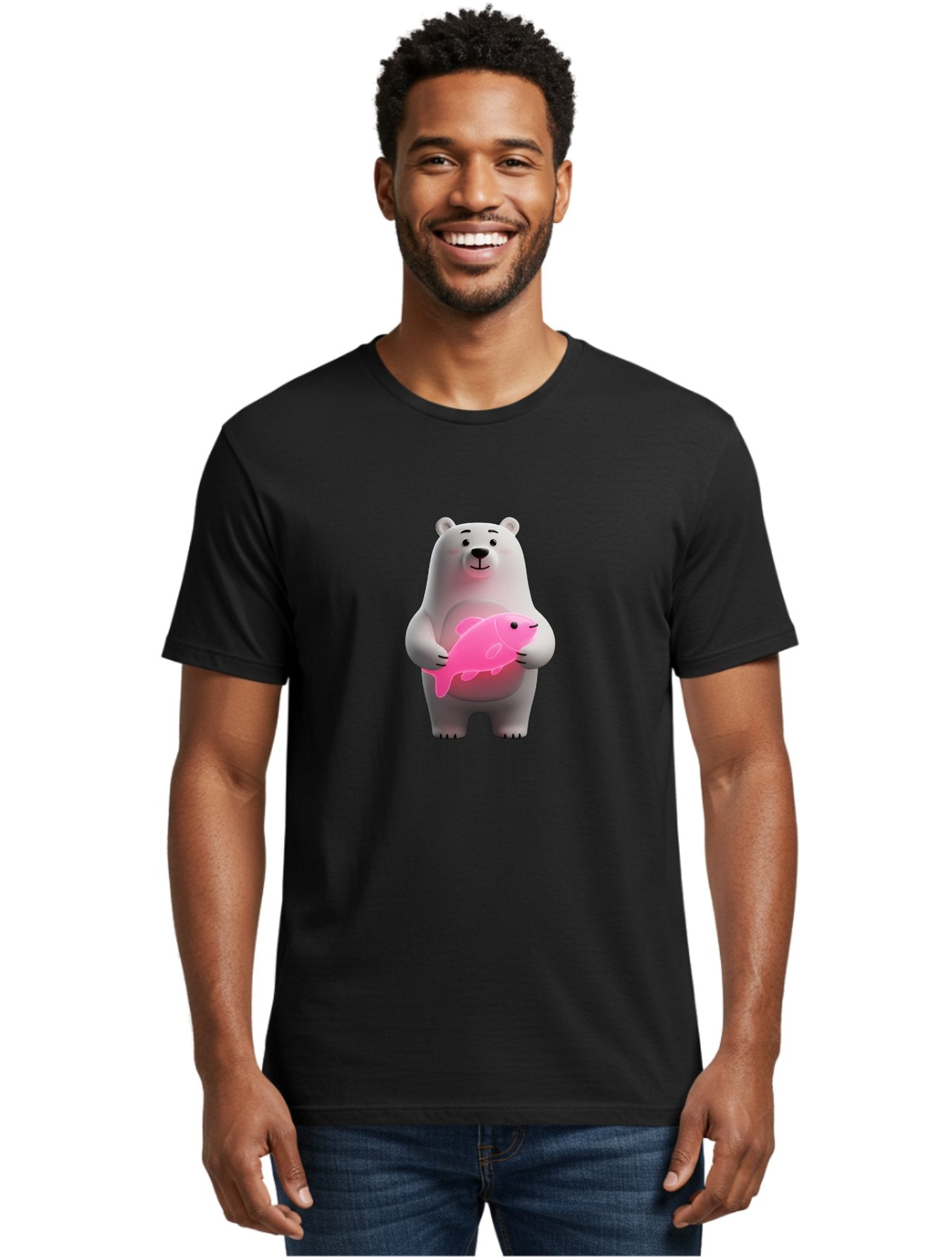 Polar-Bear-Holding-Fish-1 Men'S Graphic Tee, 100% Cotton, Comfortable Casual Summer Wear, Machine Washable, Cartoon Polar Bear, Cute Illustration, White Bear, Pink Fish, Adorable Scene, Kawaii Art, Digital Character, Smiling Bear, Holding Fish Bae648 20