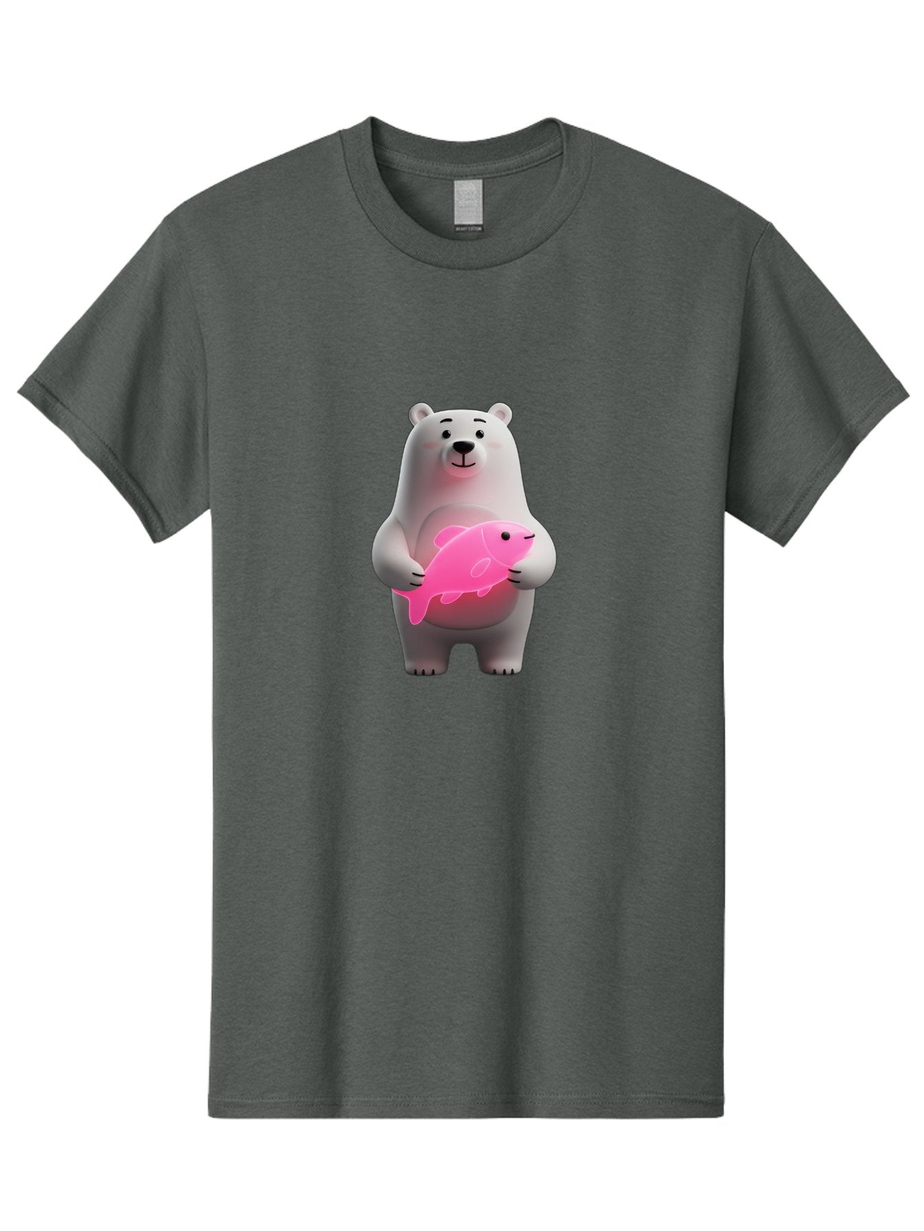 Polar-Bear-Holding-Fish-1 Men'S Graphic Tee, 100% Cotton, Comfortable Casual Summer Wear, Machine Washable, Cartoon Polar Bear, Cute Illustration, White Bear, Pink Fish, Adorable Scene, Kawaii Art, Digital Character, Smiling Bear, Holding Fish Bae648 14