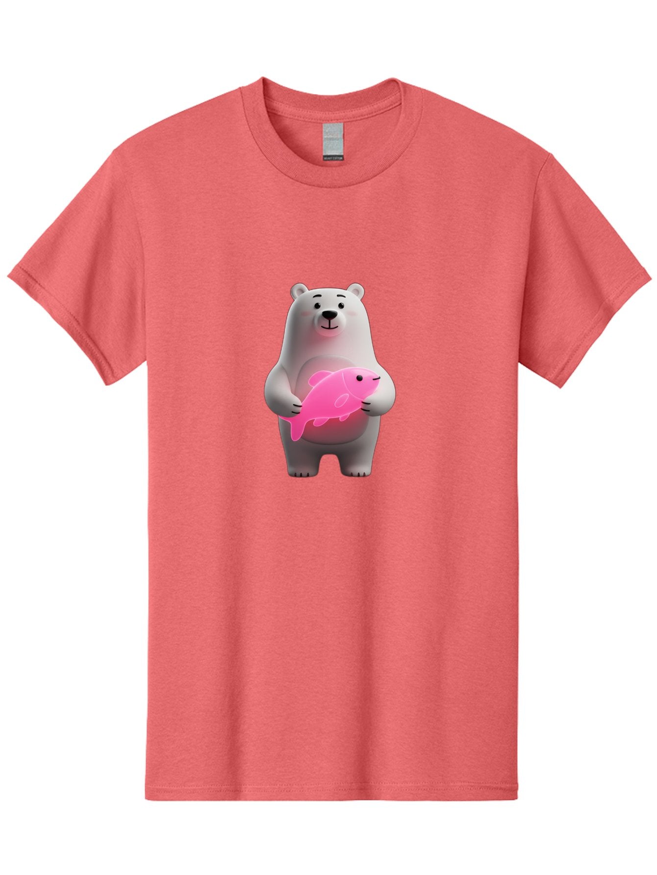 Polar-Bear-Holding-Fish-1 Men'S Graphic Tee, 100% Cotton, Comfortable Casual Summer Wear, Machine Washable, Cartoon Polar Bear, Cute Illustration, White Bear, Pink Fish, Adorable Scene, Kawaii Art, Digital Character, Smiling Bear, Holding Fish Bae648 3