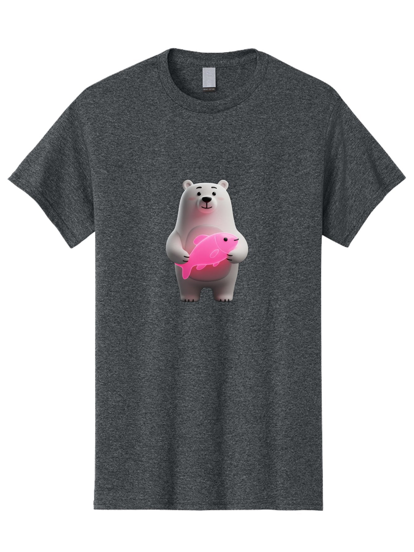 Polar-Bear-Holding-Fish-1 Men'S Graphic Tee, 100% Cotton, Comfortable Casual Summer Wear, Machine Washable, Cartoon Polar Bear, Cute Illustration, White Bear, Pink Fish, Adorable Scene, Kawaii Art, Digital Character, Smiling Bear, Holding Fish Bae648