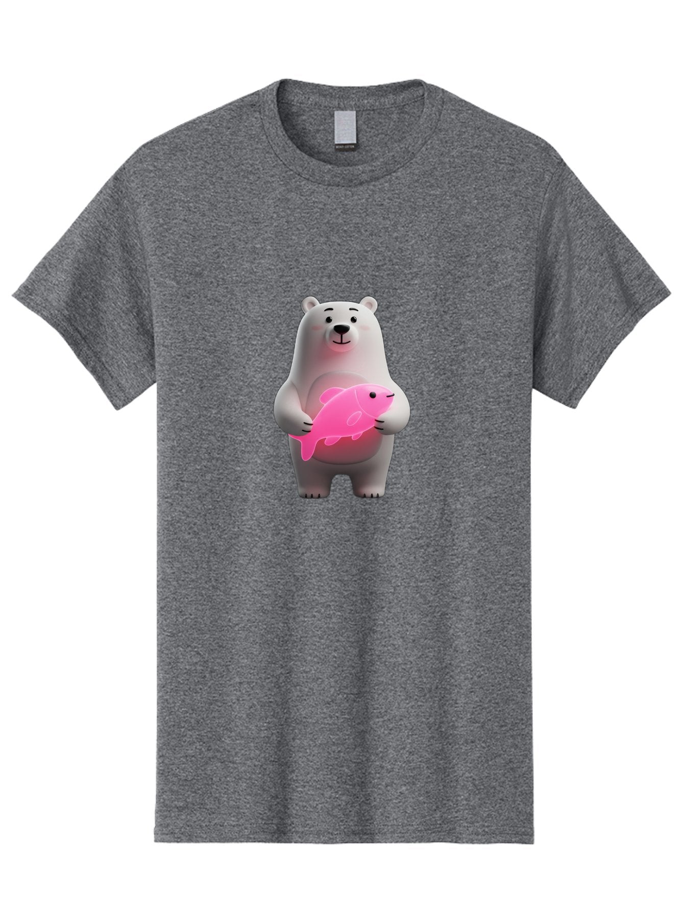 Polar-Bear-Holding-Fish-1 Men'S Graphic Tee, 100% Cotton, Comfortable Casual Summer Wear, Machine Washable, Cartoon Polar Bear, Cute Illustration, White Bear, Pink Fish, Adorable Scene, Kawaii Art, Digital Character, Smiling Bear, Holding Fish Bae648 9