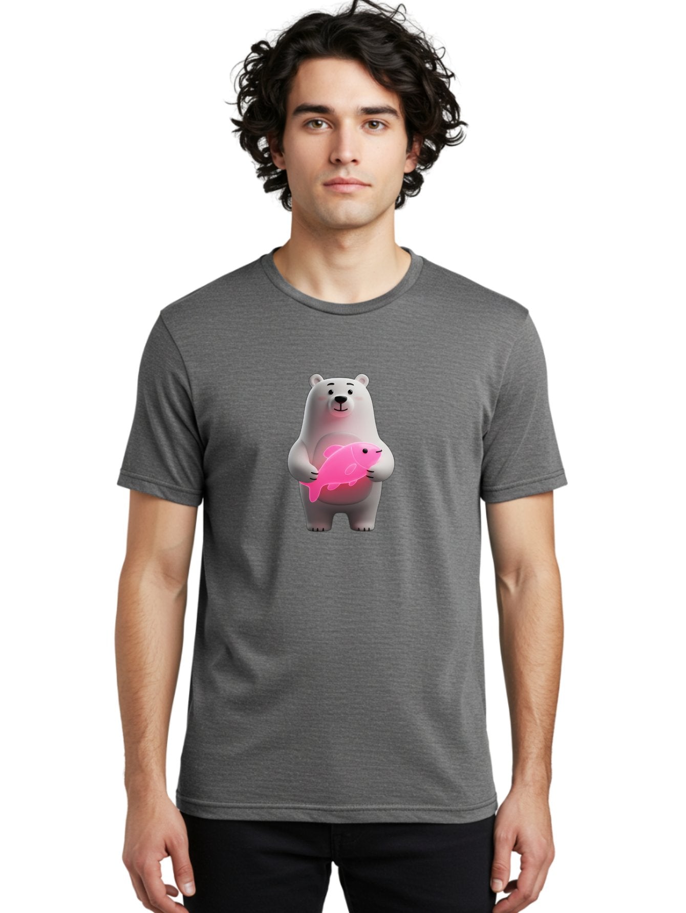 Polar-Bear-Holding-Fish-1 Men'S Graphic Tee, 100% Cotton, Comfortable Casual Summer Wear, Machine Washable, Cartoon Polar Bear, Cute Illustration, White Bear, Pink Fish, Adorable Scene, Kawaii Art, Digital Character, Smiling Bear, Holding Fish Bae648 26