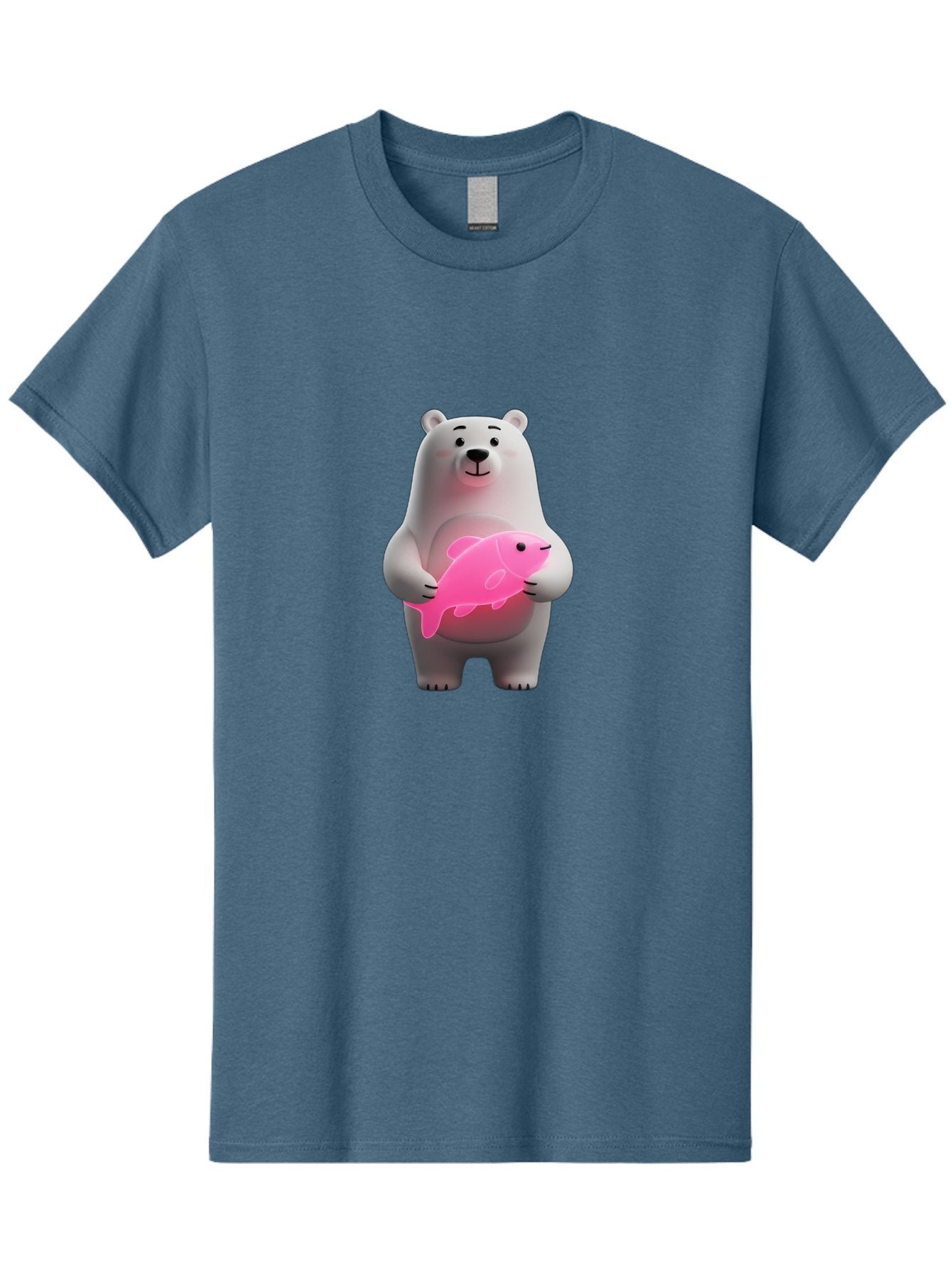 Polar-Bear-Holding-Fish-1 Men'S Graphic Tee, 100% Cotton, Comfortable Casual Summer Wear, Machine Washable, Cartoon Polar Bear, Cute Illustration, White Bear, Pink Fish, Adorable Scene, Kawaii Art, Digital Character, Smiling Bear, Holding Fish Bae648 10