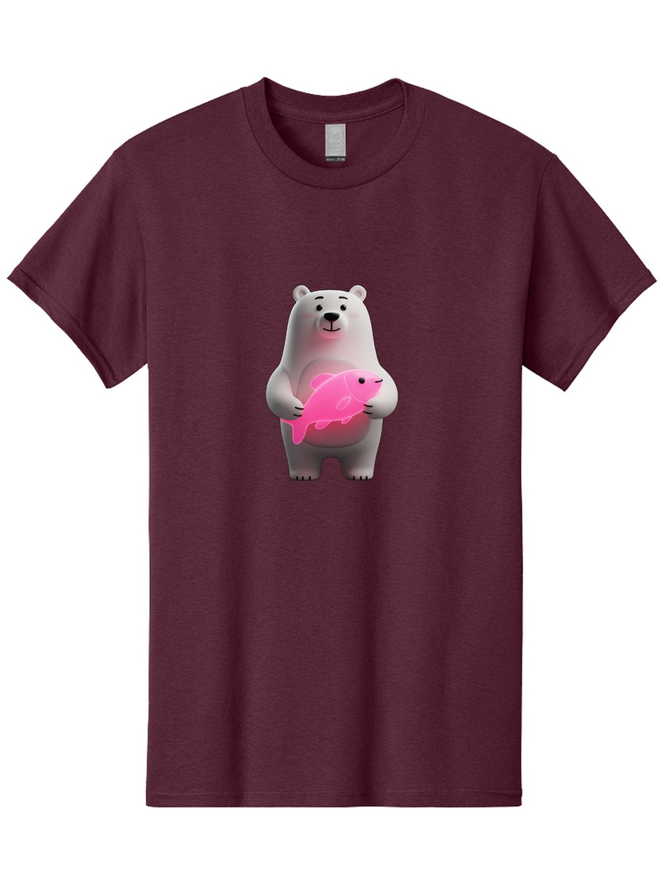 Polar-Bear-Holding-Fish-1 Men'S Graphic Tee, 100% Cotton, Comfortable Casual Summer Wear, Machine Washable, Cartoon Polar Bear, Cute Illustration, White Bear, Pink Fish, Adorable Scene, Kawaii Art, Digital Character, Smiling Bear, Holding Fish Bae648 4