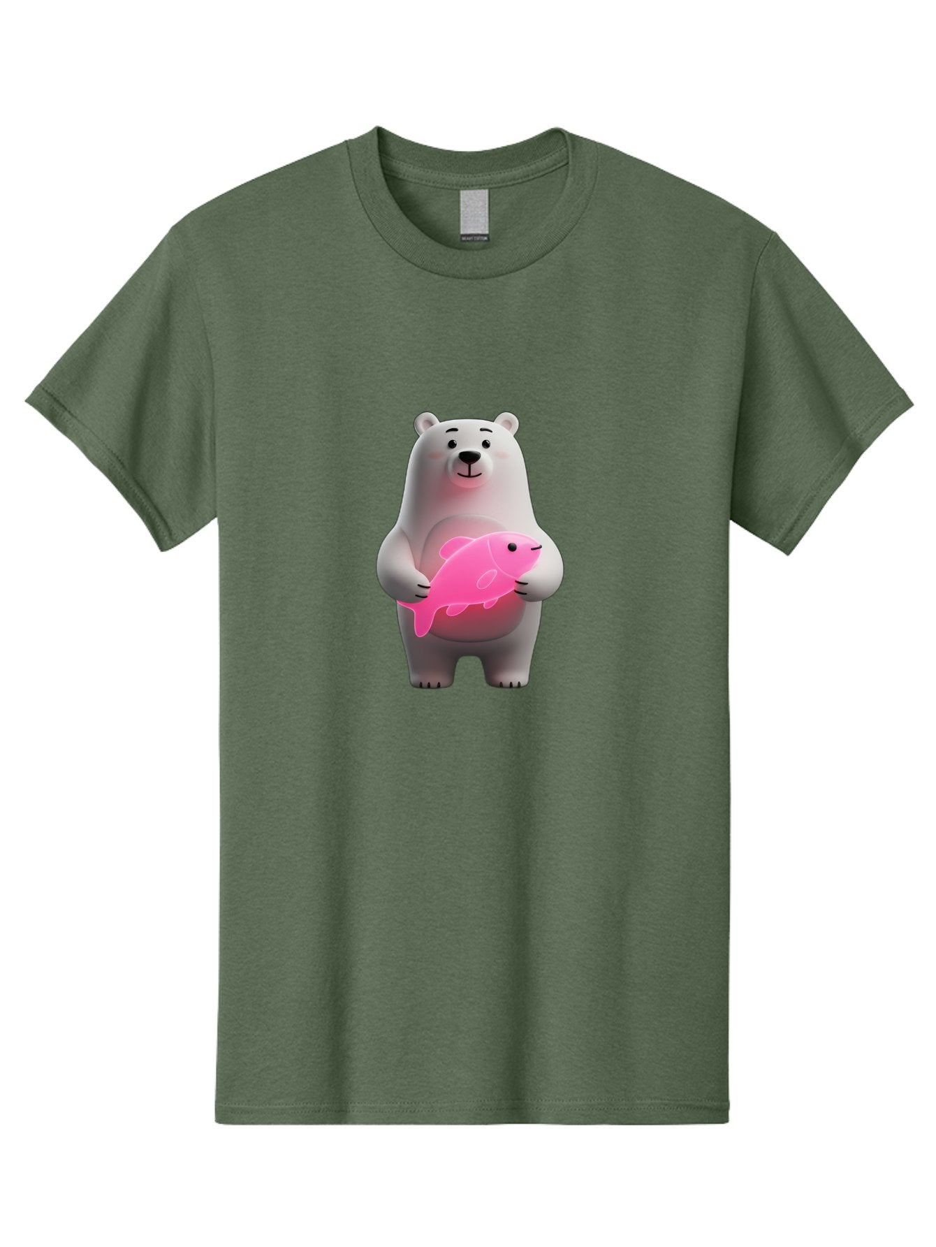 Polar-Bear-Holding-Fish-1 Men'S Graphic Tee, 100% Cotton, Comfortable Casual Summer Wear, Machine Washable, Cartoon Polar Bear, Cute Illustration, White Bear, Pink Fish, Adorable Scene, Kawaii Art, Digital Character, Smiling Bear, Holding Fish Bae648 8