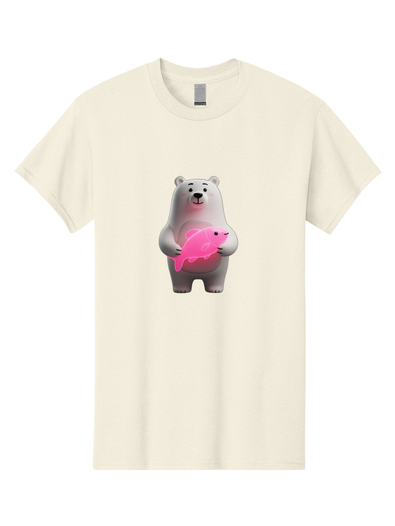 Polar-Bear-Holding-Fish-1 Men'S Graphic Tee, 100% Cotton, Comfortable Casual Summer Wear, Machine Washable, Cartoon Polar Bear, Cute Illustration, White Bear, Pink Fish, Adorable Scene, Kawaii Art, Digital Character, Smiling Bear, Holding Fish Bae648 7