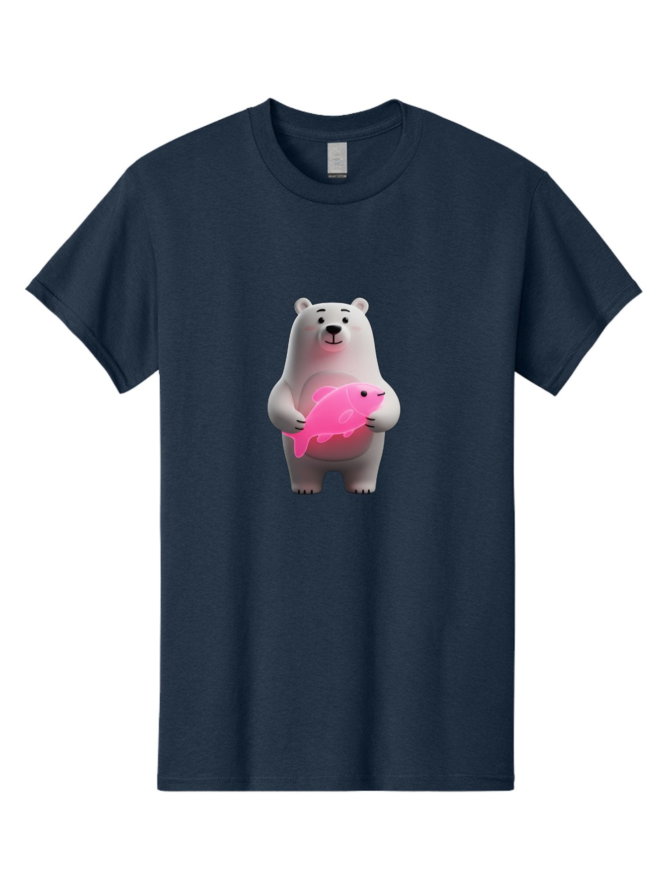 Polar-Bear-Holding-Fish-1 Men'S Graphic Tee, 100% Cotton, Comfortable Casual Summer Wear, Machine Washable, Cartoon Polar Bear, Cute Illustration, White Bear, Pink Fish, Adorable Scene, Kawaii Art, Digital Character, Smiling Bear, Holding Fish Bae648
