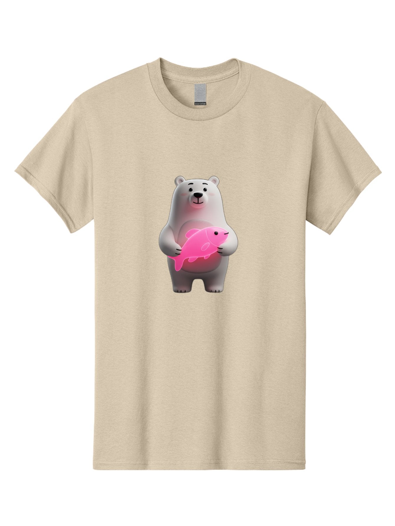 Polar-Bear-Holding-Fish-1 Men'S Graphic Tee, 100% Cotton, Comfortable Casual Summer Wear, Machine Washable, Cartoon Polar Bear, Cute Illustration, White Bear, Pink Fish, Adorable Scene, Kawaii Art, Digital Character, Smiling Bear, Holding Fish Bae648 12