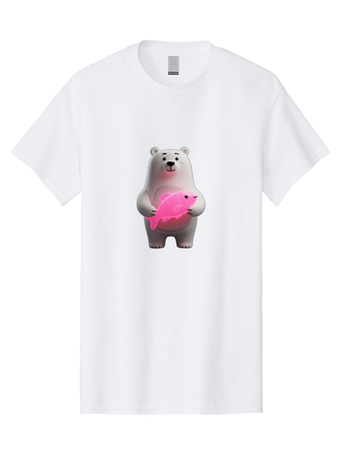 Polar-Bear-Holding-Fish-1 Men'S Graphic Tee, 100% Cotton, Comfortable Casual Summer Wear, Machine Washable, Cartoon Polar Bear, Cute Illustration, White Bear, Pink Fish, Adorable Scene, Kawaii Art, Digital Character, Smiling Bear, Holding Fish Bae648 15