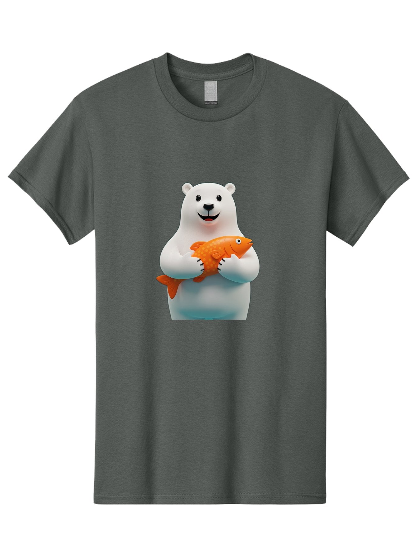 Polar-Bear-Holding-Fish Men'S Graphic Tee, 100% Cotton, Comfortable Casual Summer Wear, Machine Washable, White Polar Bear, Orange Fish, Cartoon Character, Smiling Bear, Holding A Fish, Kawaii Animal, 3D Illustration, Cute Bear, Bae649