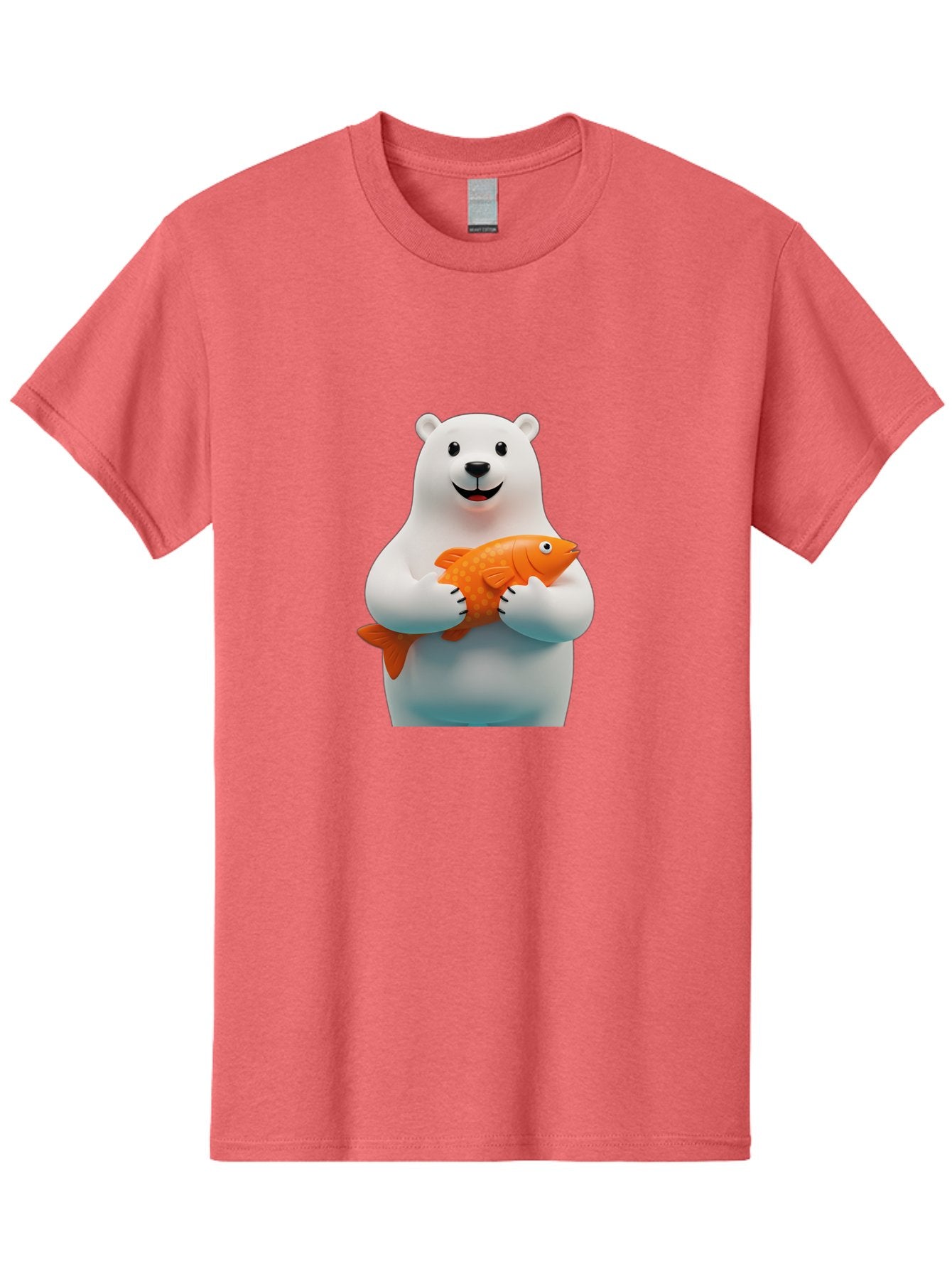 Polar-Bear-Holding-Fish Men'S Graphic Tee, 100% Cotton, Comfortable Casual Summer Wear, Machine Washable, White Polar Bear, Orange Fish, Cartoon Character, Smiling Bear, Holding A Fish, Kawaii Animal, 3D Illustration, Cute Bear, Bae649 5