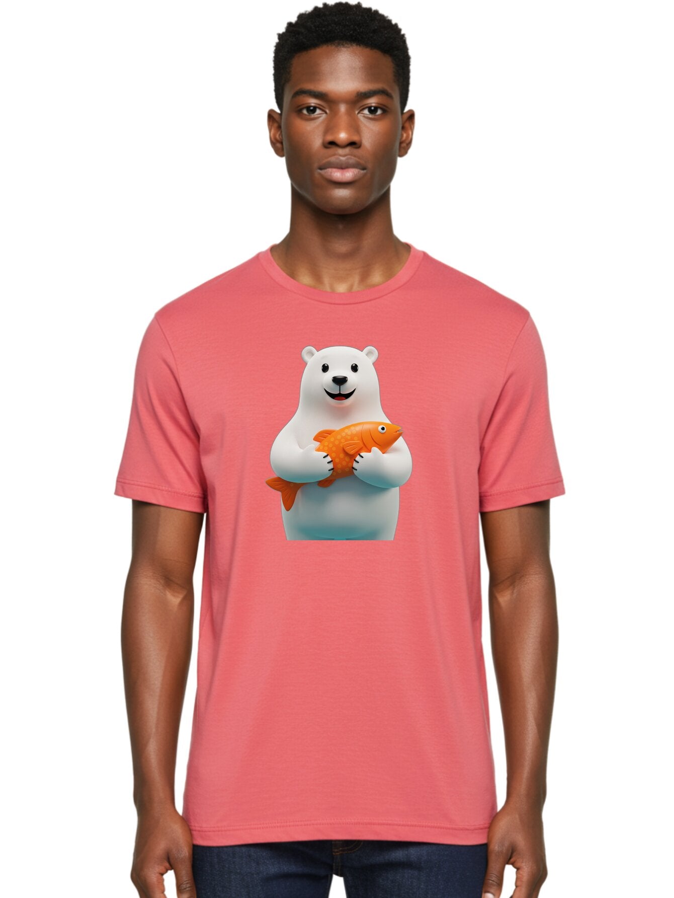 Polar-Bear-Holding-Fish Men'S Graphic Tee, 100% Cotton, Comfortable Casual Summer Wear, Machine Washable, White Polar Bear, Orange Fish, Cartoon Character, Smiling Bear, Holding A Fish, Kawaii Animal, 3D Illustration, Cute Bear, Bae649 23