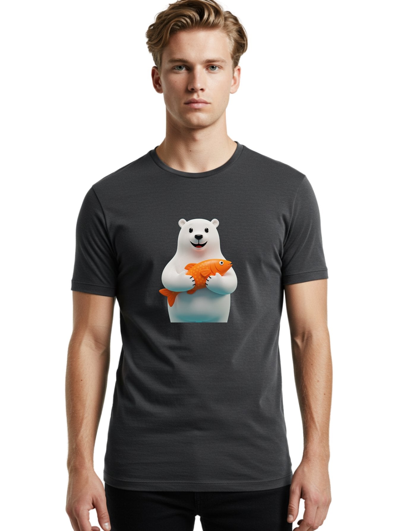 Polar-Bear-Holding-Fish Men'S Graphic Tee, 100% Cotton, Comfortable Casual Summer Wear, Machine Washable, White Polar Bear, Orange Fish, Cartoon Character, Smiling Bear, Holding A Fish, Kawaii Animal, 3D Illustration, Cute Bear, Bae649 25