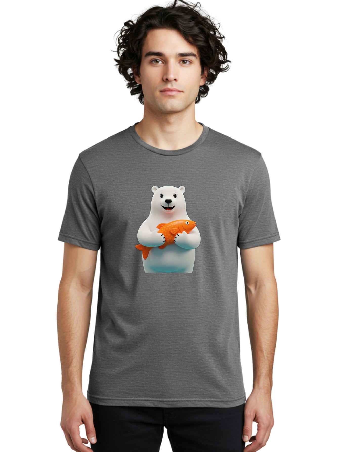 Polar-Bear-Holding-Fish Men'S Graphic Tee, 100% Cotton, Comfortable Casual Summer Wear, Machine Washable, White Polar Bear, Orange Fish, Cartoon Character, Smiling Bear, Holding A Fish, Kawaii Animal, 3D Illustration, Cute Bear, Bae649 27