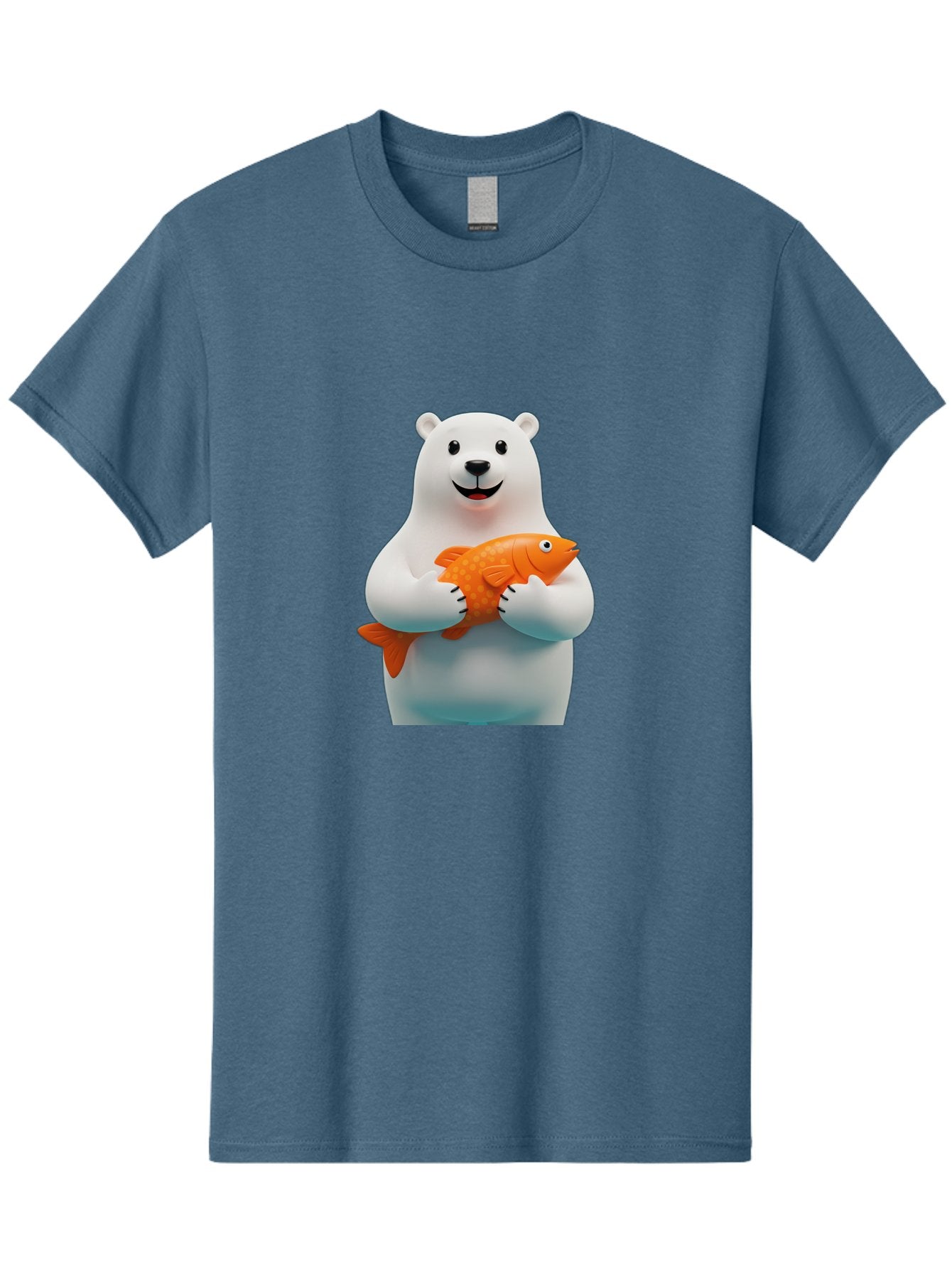 Polar-Bear-Holding-Fish Men'S Graphic Tee, 100% Cotton, Comfortable Casual Summer Wear, Machine Washable, White Polar Bear, Orange Fish, Cartoon Character, Smiling Bear, Holding A Fish, Kawaii Animal, 3D Illustration, Cute Bear, Bae649 3