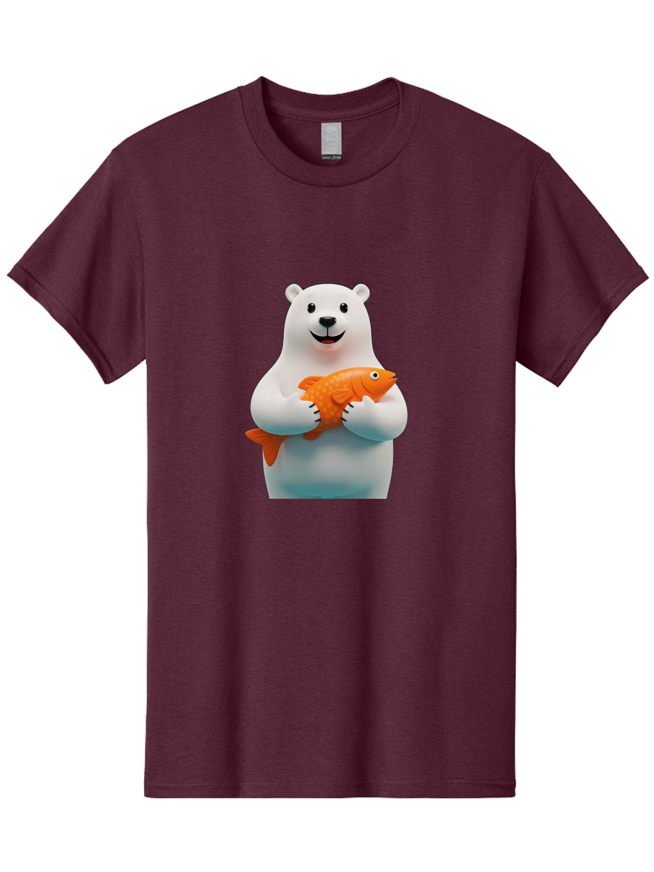Polar-Bear-Holding-Fish Men'S Graphic Tee, 100% Cotton, Comfortable Casual Summer Wear, Machine Washable, White Polar Bear, Orange Fish, Cartoon Character, Smiling Bear, Holding A Fish, Kawaii Animal, 3D Illustration, Cute Bear, Bae649 15