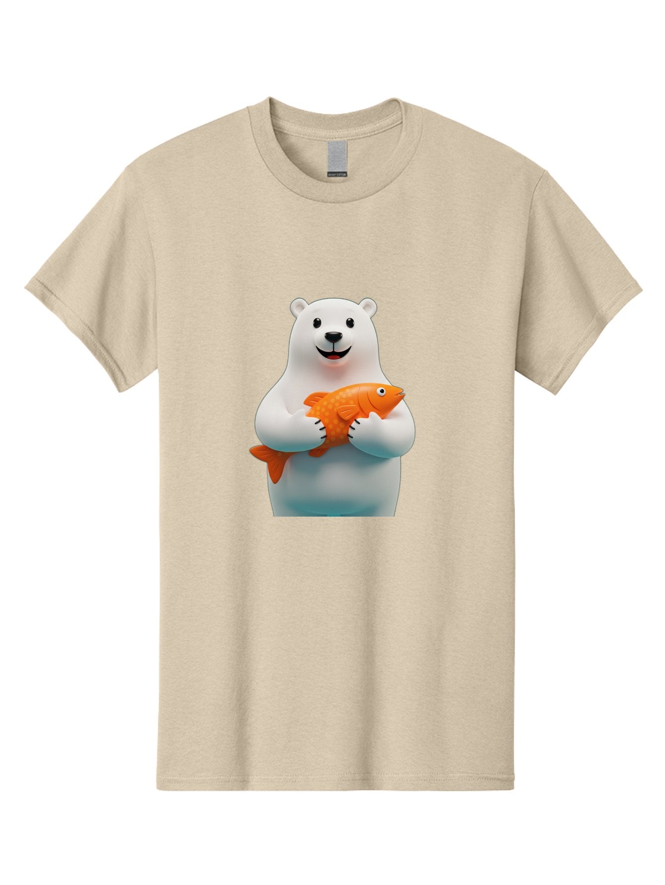 Polar-Bear-Holding-Fish Men'S Graphic Tee, 100% Cotton, Comfortable Casual Summer Wear, Machine Washable, White Polar Bear, Orange Fish, Cartoon Character, Smiling Bear, Holding A Fish, Kawaii Animal, 3D Illustration, Cute Bear, Bae649 6