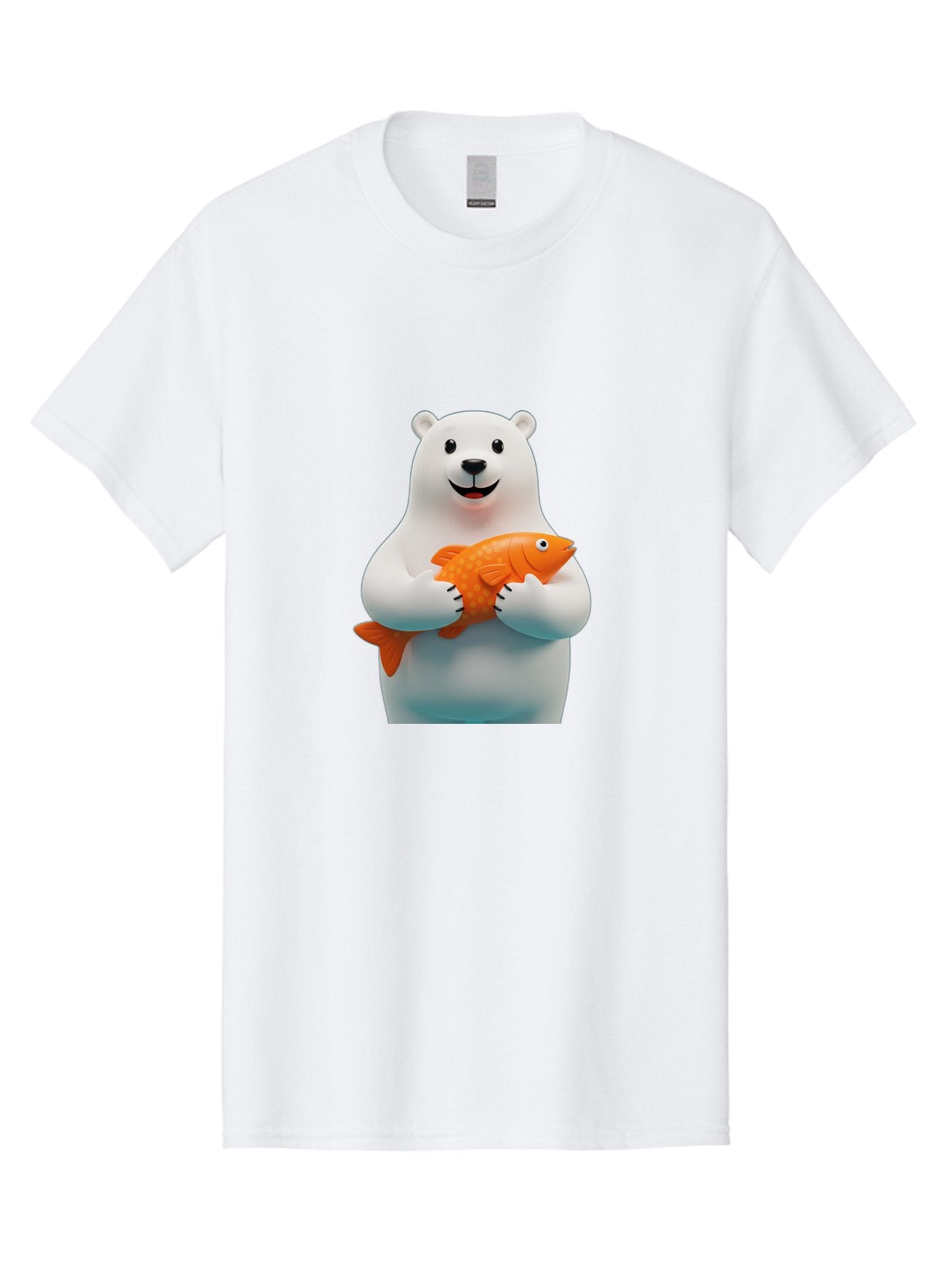Polar-Bear-Holding-Fish Men'S Graphic Tee, 100% Cotton, Comfortable Casual Summer Wear, Machine Washable, White Polar Bear, Orange Fish, Cartoon Character, Smiling Bear, Holding A Fish, Kawaii Animal, 3D Illustration, Cute Bear, Bae649