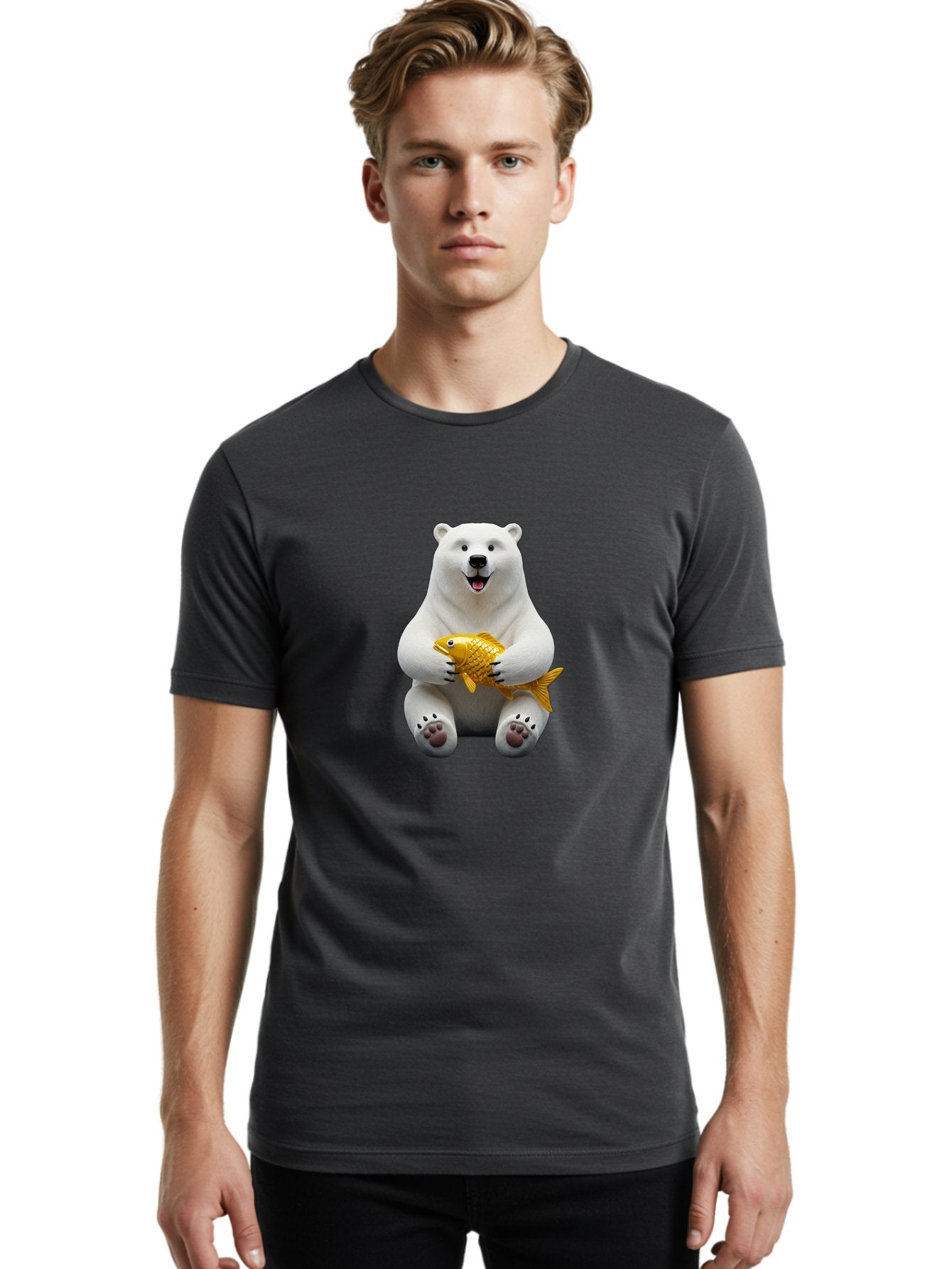 Polar-Bear-Holding-Goldfish Men'S Graphic Tee, 100% Cotton, Comfortable Casual Summer Wear, Machine Washable, Polar Bear Holding Golden Fish, Cute Bear, Happy Animal, Wildlife Scene, Cartoon Character, Playful Creature, 3D Illustration, Bae650 26