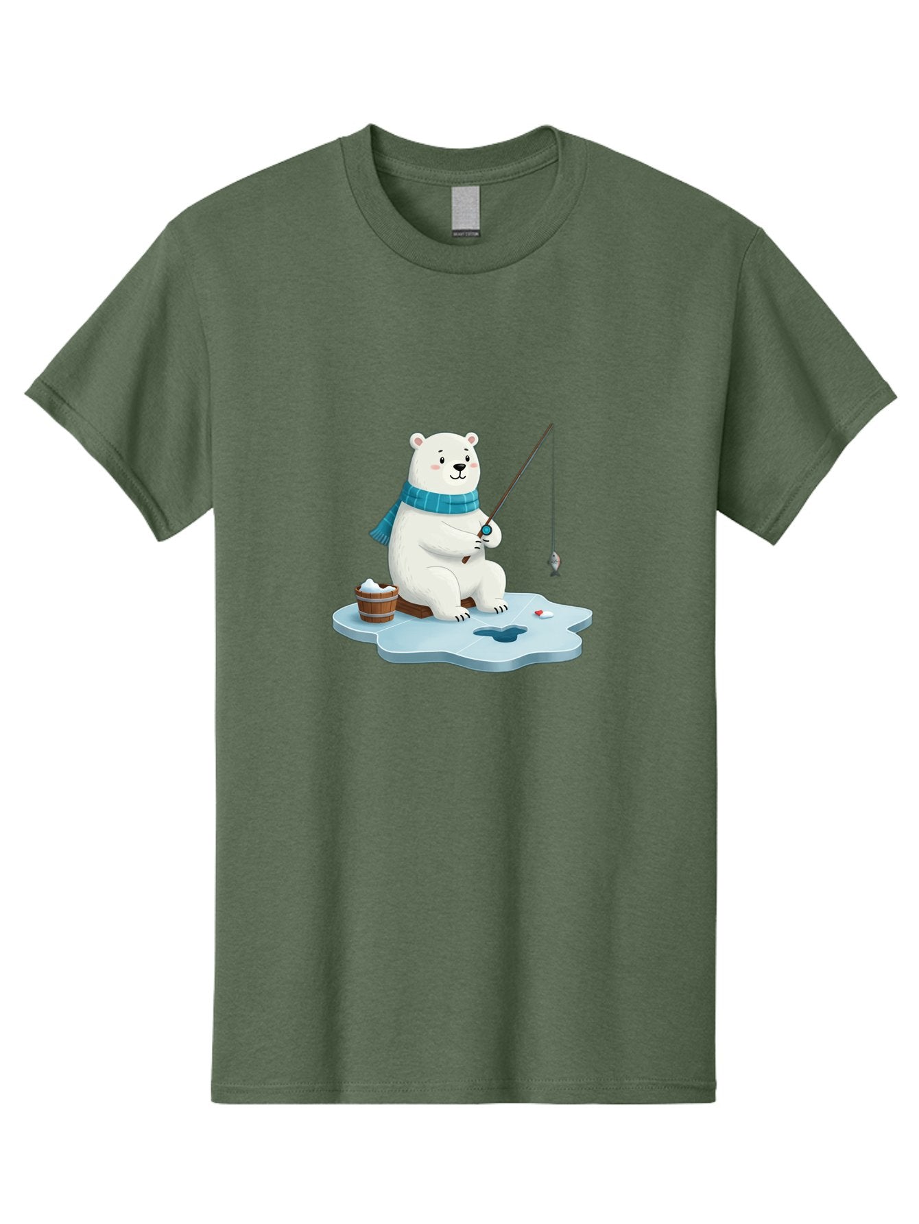Polar-Bear-Ice-Fishing Men'S Graphic Tee, 100% Cotton, Comfortable Casual Summer Wear, Machine Washable, Polar Bear Ice Fishing, Cartoon Polar Bear, Fishing Rod, Winter Activity, Arctic Scene, Ice Hole, Fishing Bucket, Winter Fun, Bae651 3