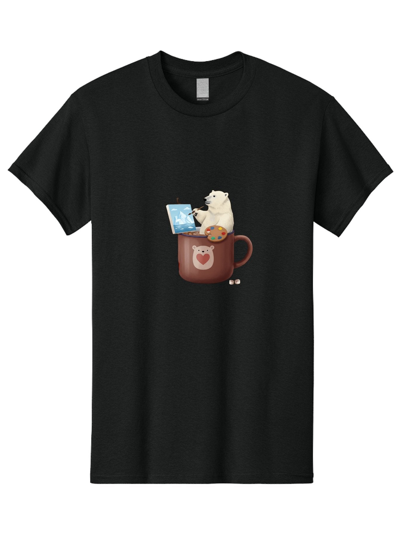 Polar-Bear-In-Coffee-Mug-2 Men'S Graphic Tee, 100% Cotton, Comfortable Casual Summer Wear, Machine Washable, Polar Bear Painting On A Digital Tablet, Artistic Creativity, Polar Bear Mug, Heart Design, Paint Palette, Whimsical Art, Bae653