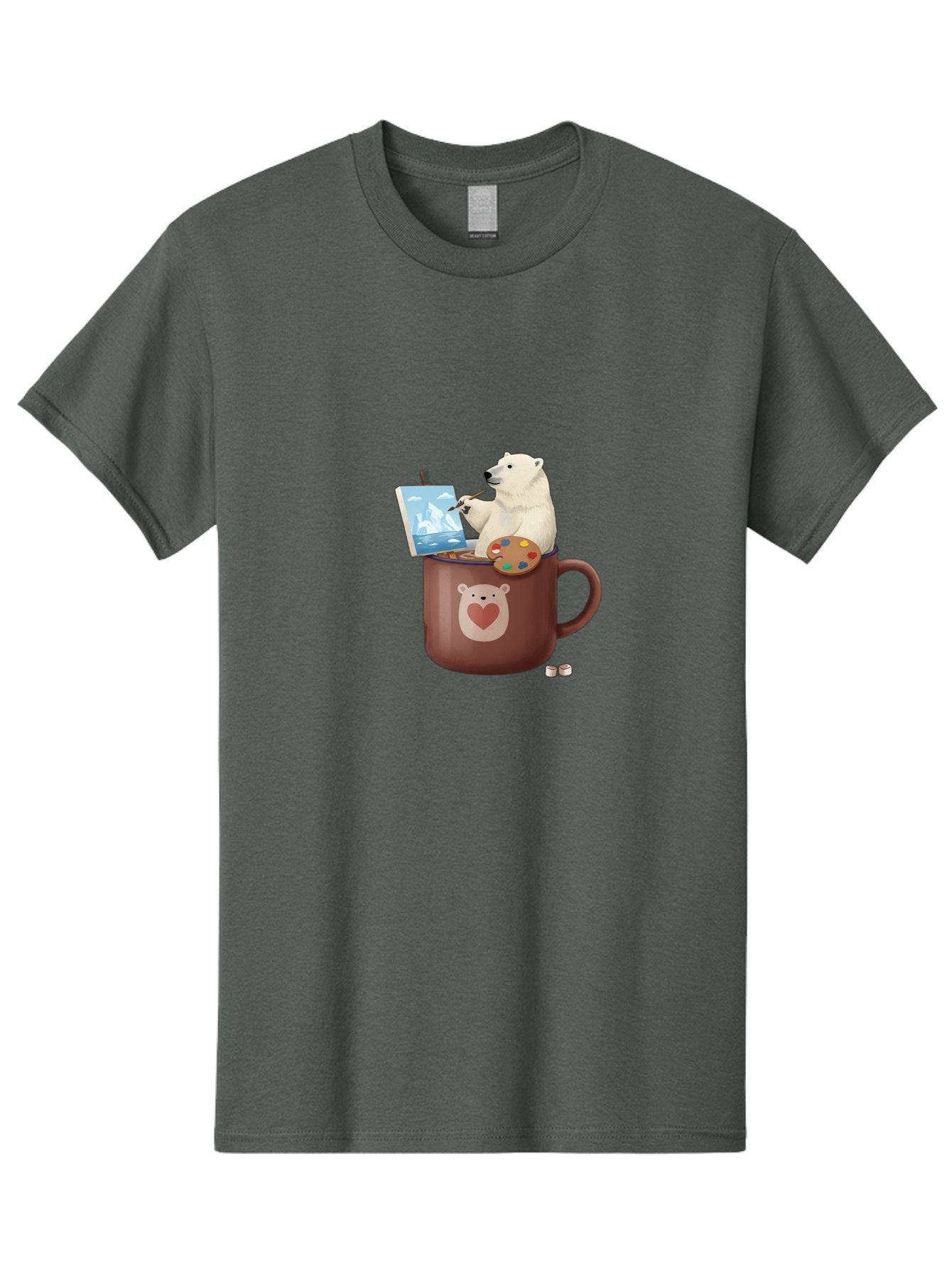 Polar-Bear-In-Coffee-Mug-2 Men'S Graphic Tee, 100% Cotton, Comfortable Casual Summer Wear, Machine Washable, Polar Bear Painting On A Digital Tablet, Artistic Creativity, Polar Bear Mug, Heart Design, Paint Palette, Whimsical Art, Bae653 5