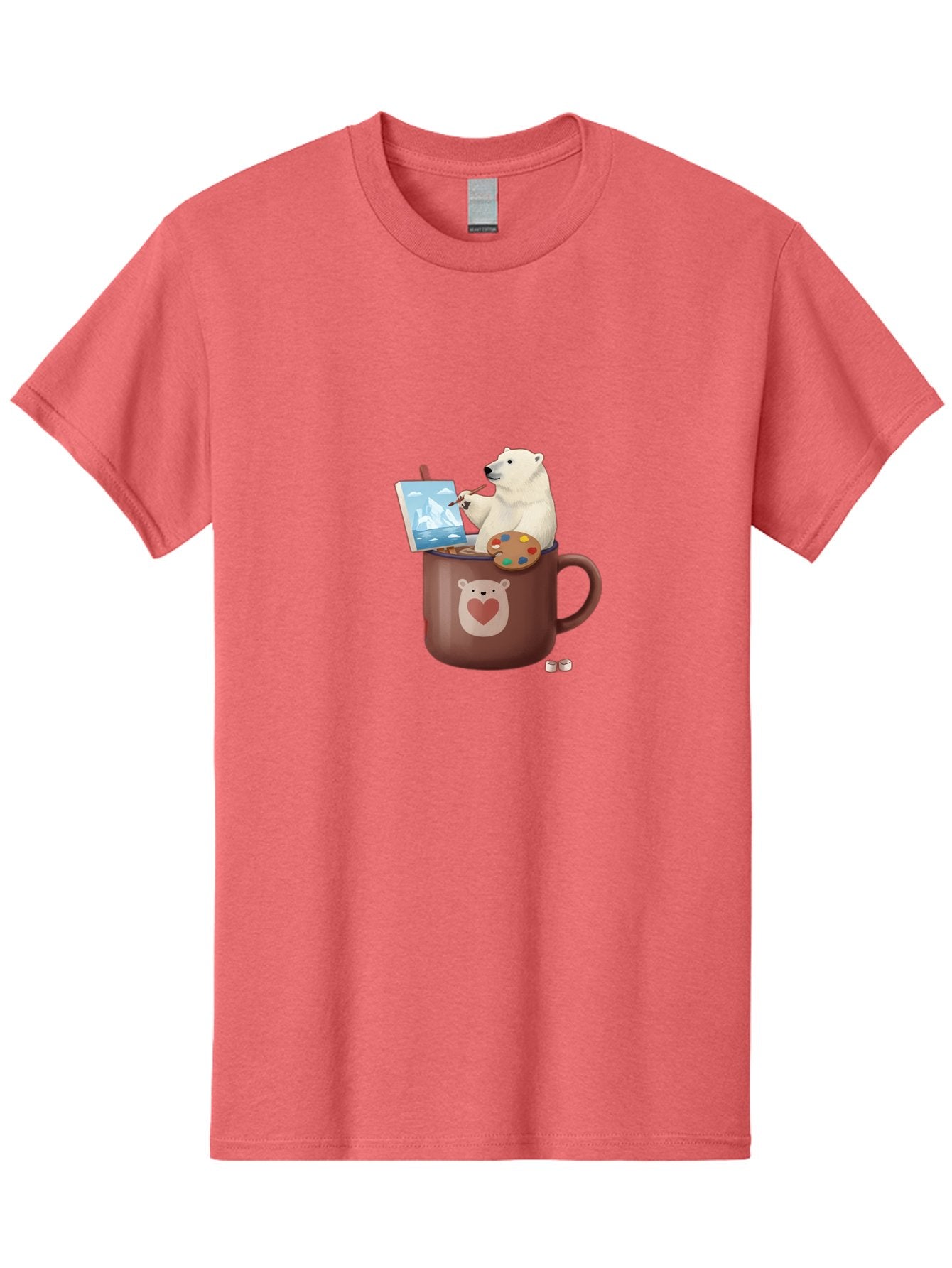 Polar-Bear-In-Coffee-Mug-2 Men'S Graphic Tee, 100% Cotton, Comfortable Casual Summer Wear, Machine Washable, Polar Bear Painting On A Digital Tablet, Artistic Creativity, Polar Bear Mug, Heart Design, Paint Palette, Whimsical Art, Bae653 4