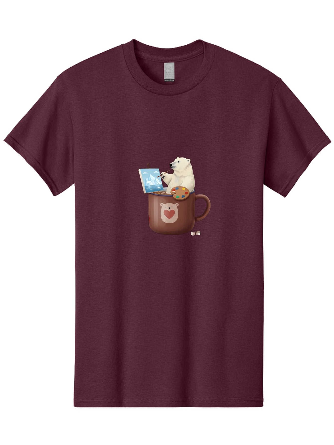 Polar-Bear-In-Coffee-Mug-2 Men'S Graphic Tee, 100% Cotton, Comfortable Casual Summer Wear, Machine Washable, Polar Bear Painting On A Digital Tablet, Artistic Creativity, Polar Bear Mug, Heart Design, Paint Palette, Whimsical Art, Bae653 6