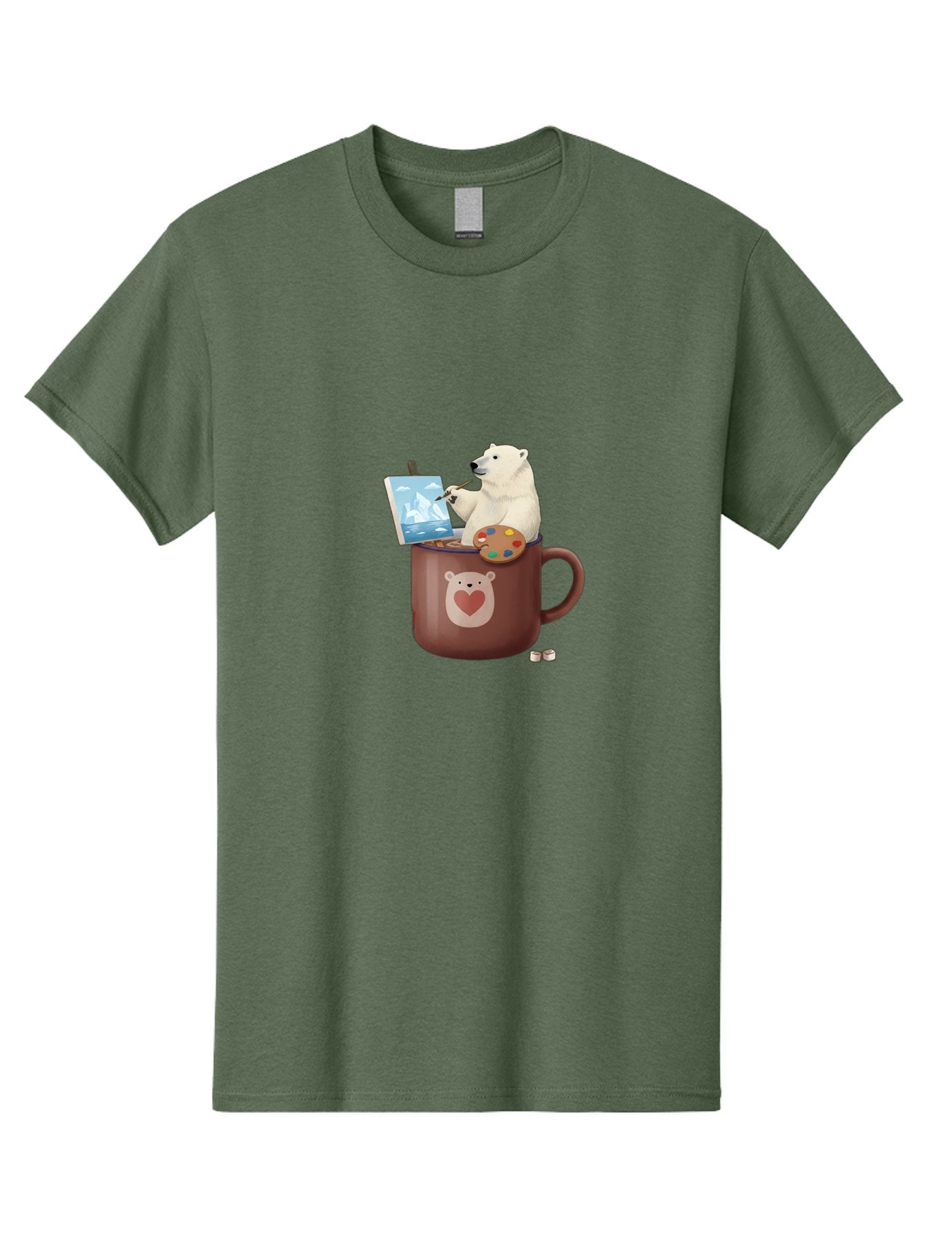 Polar-Bear-In-Coffee-Mug-2 Men'S Graphic Tee, 100% Cotton, Comfortable Casual Summer Wear, Machine Washable, Polar Bear Painting On A Digital Tablet, Artistic Creativity, Polar Bear Mug, Heart Design, Paint Palette, Whimsical Art, Bae653 3