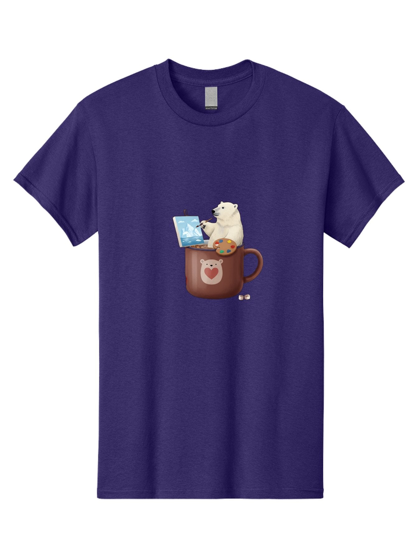 Polar-Bear-In-Coffee-Mug-2 Men'S Graphic Tee, 100% Cotton, Comfortable Casual Summer Wear, Machine Washable, Polar Bear Painting On A Digital Tablet, Artistic Creativity, Polar Bear Mug, Heart Design, Paint Palette, Whimsical Art, Bae653