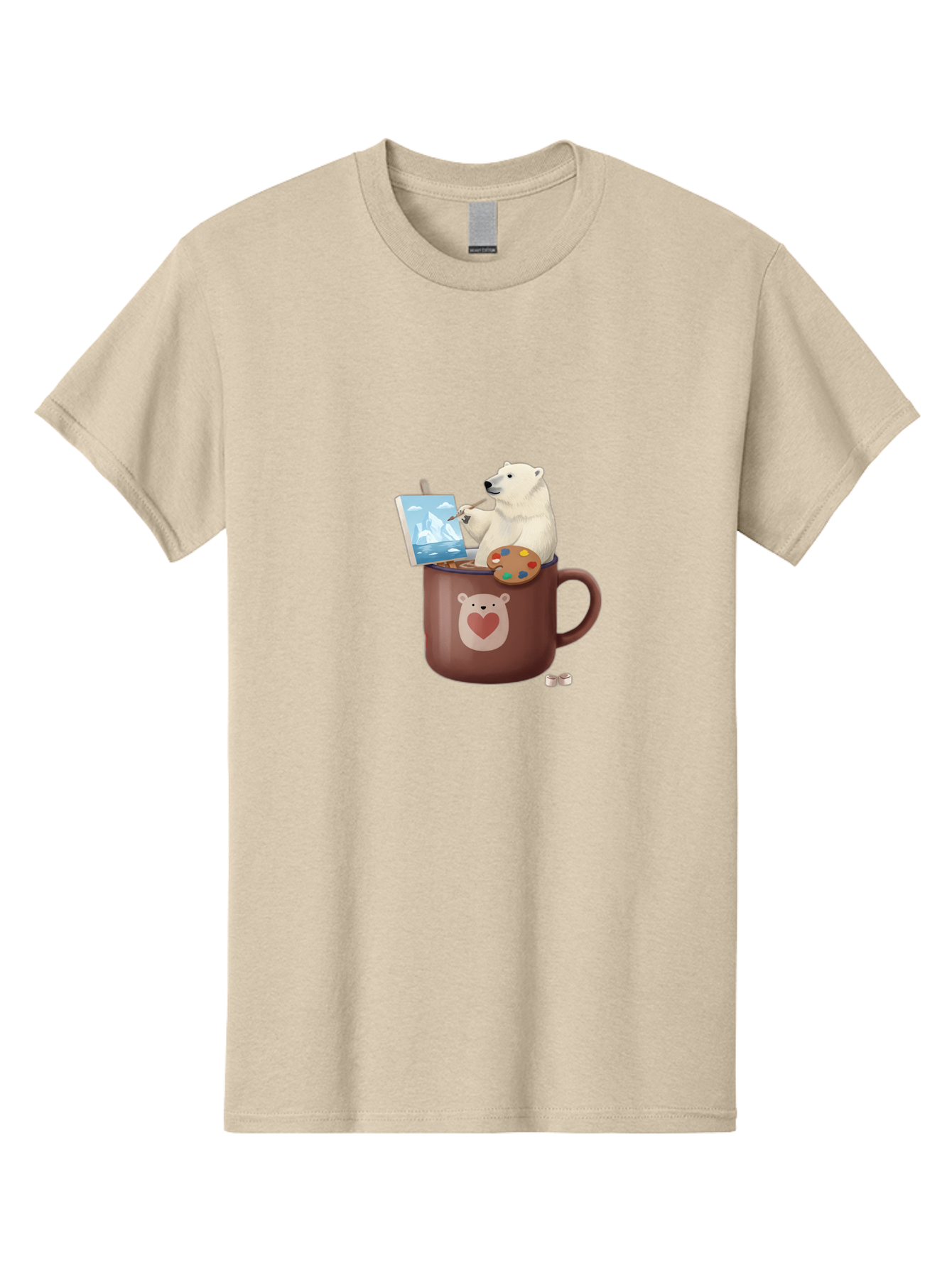 Polar-Bear-In-Coffee-Mug-2 Men'S Graphic Tee, 100% Cotton, Comfortable Casual Summer Wear, Machine Washable, Polar Bear Painting On A Digital Tablet, Artistic Creativity, Polar Bear Mug, Heart Design, Paint Palette, Whimsical Art, Bae653 14