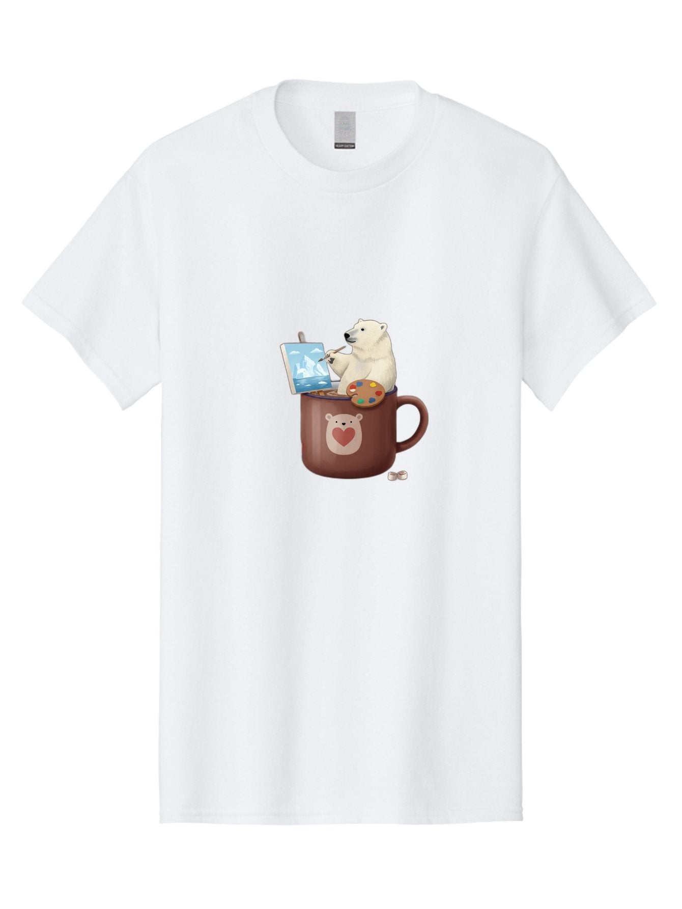 Polar-Bear-In-Coffee-Mug-2 Men'S Graphic Tee, 100% Cotton, Comfortable Casual Summer Wear, Machine Washable, Polar Bear Painting On A Digital Tablet, Artistic Creativity, Polar Bear Mug, Heart Design, Paint Palette, Whimsical Art, Bae653 15
