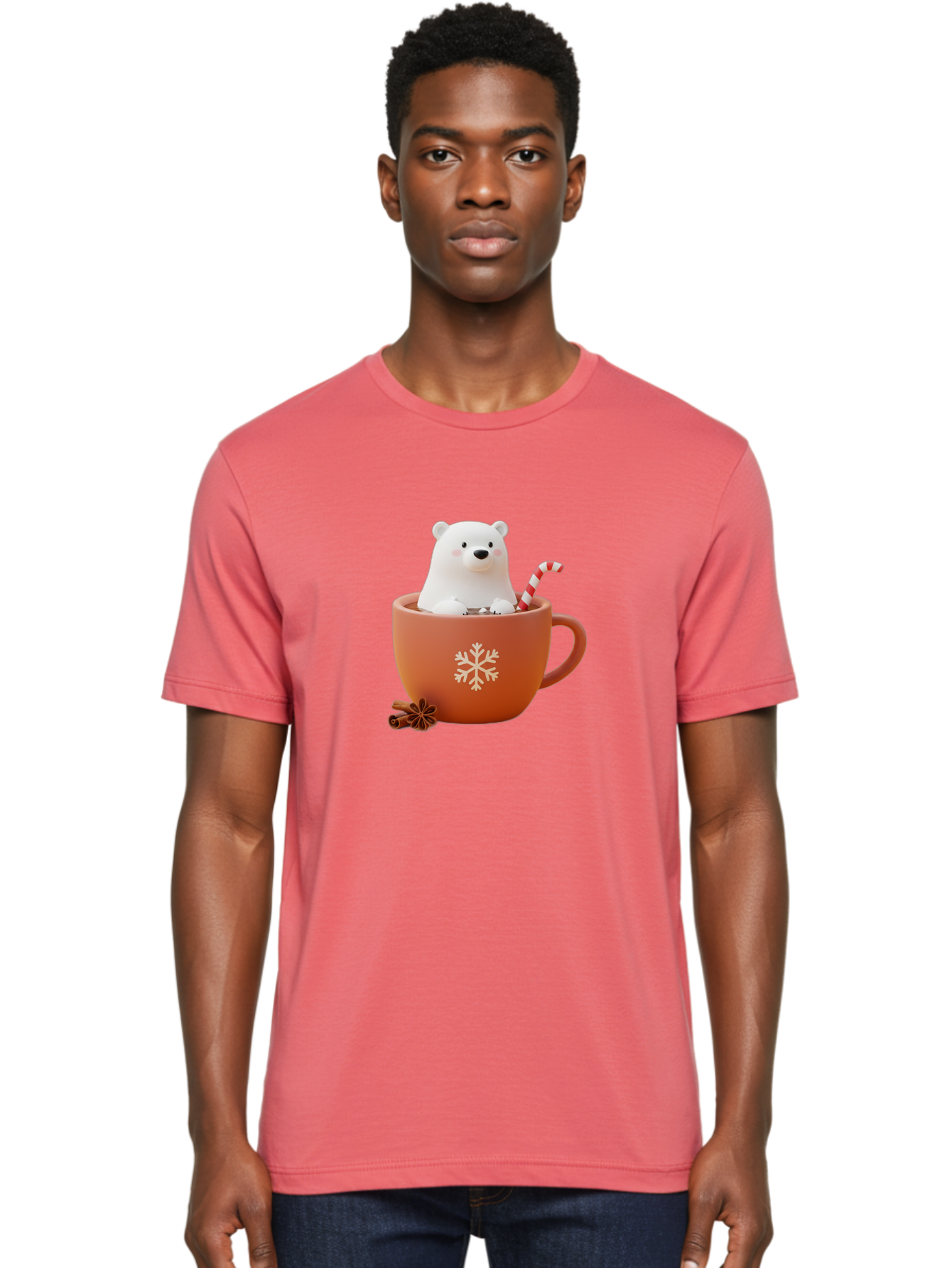 Polar-Bear-In-Coffee-Mug Men'S Graphic Tee, 100% Cotton, Comfortable Casual Summer Wear, Machine Washable, Polar Bear In A Mug, Festive Drink, Candy Cane, Snowflake Design, Winter Wonderland, Holiday Cheer, Adorable Bear, Red Mug, Bae654 28