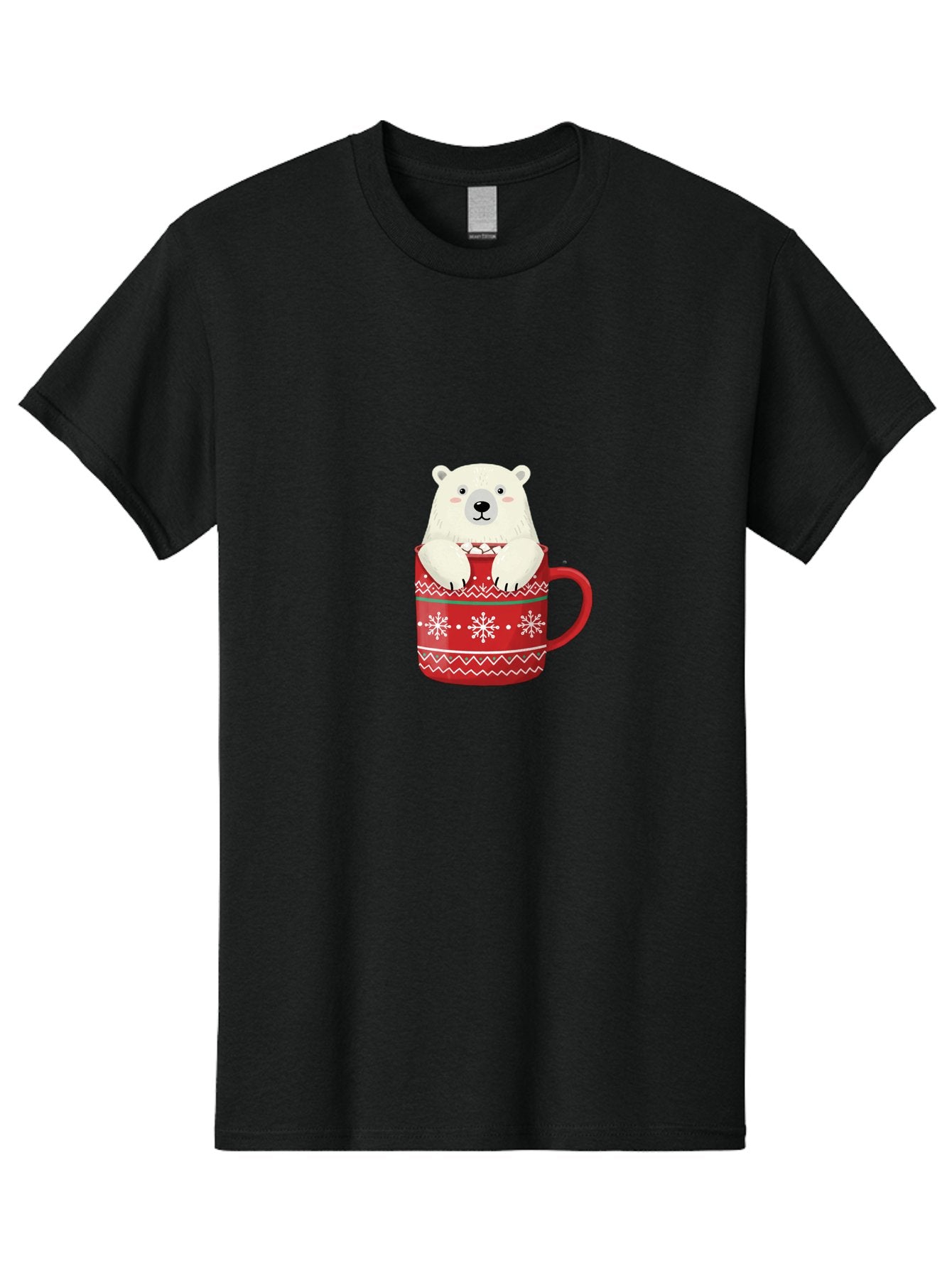 Polar-Bear-In-Mug-1 Men'S Graphic Tee, 100% Cotton, Comfortable Casual Summer Wear, Machine Washable, Polar Bear In A Mug, Christmas Mug, Red Mug, Snowflakes, White Bear, Funny Bear, Cartoon Character, Winter Theme, Festive Design, Bae655