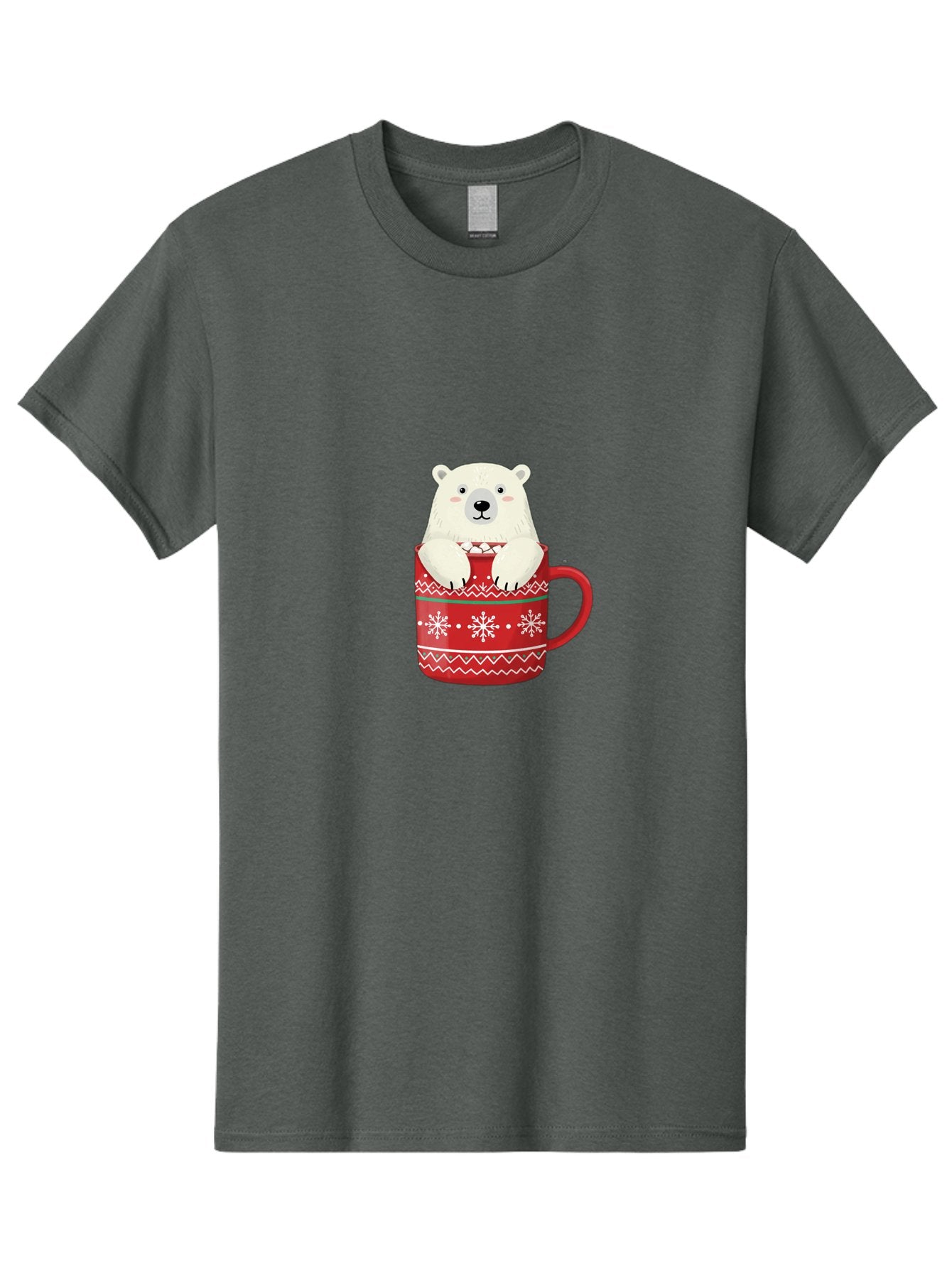 Polar-Bear-In-Mug-1 Men'S Graphic Tee, 100% Cotton, Comfortable Casual Summer Wear, Machine Washable, Polar Bear In A Mug, Christmas Mug, Red Mug, Snowflakes, White Bear, Funny Bear, Cartoon Character, Winter Theme, Festive Design, Bae655 13