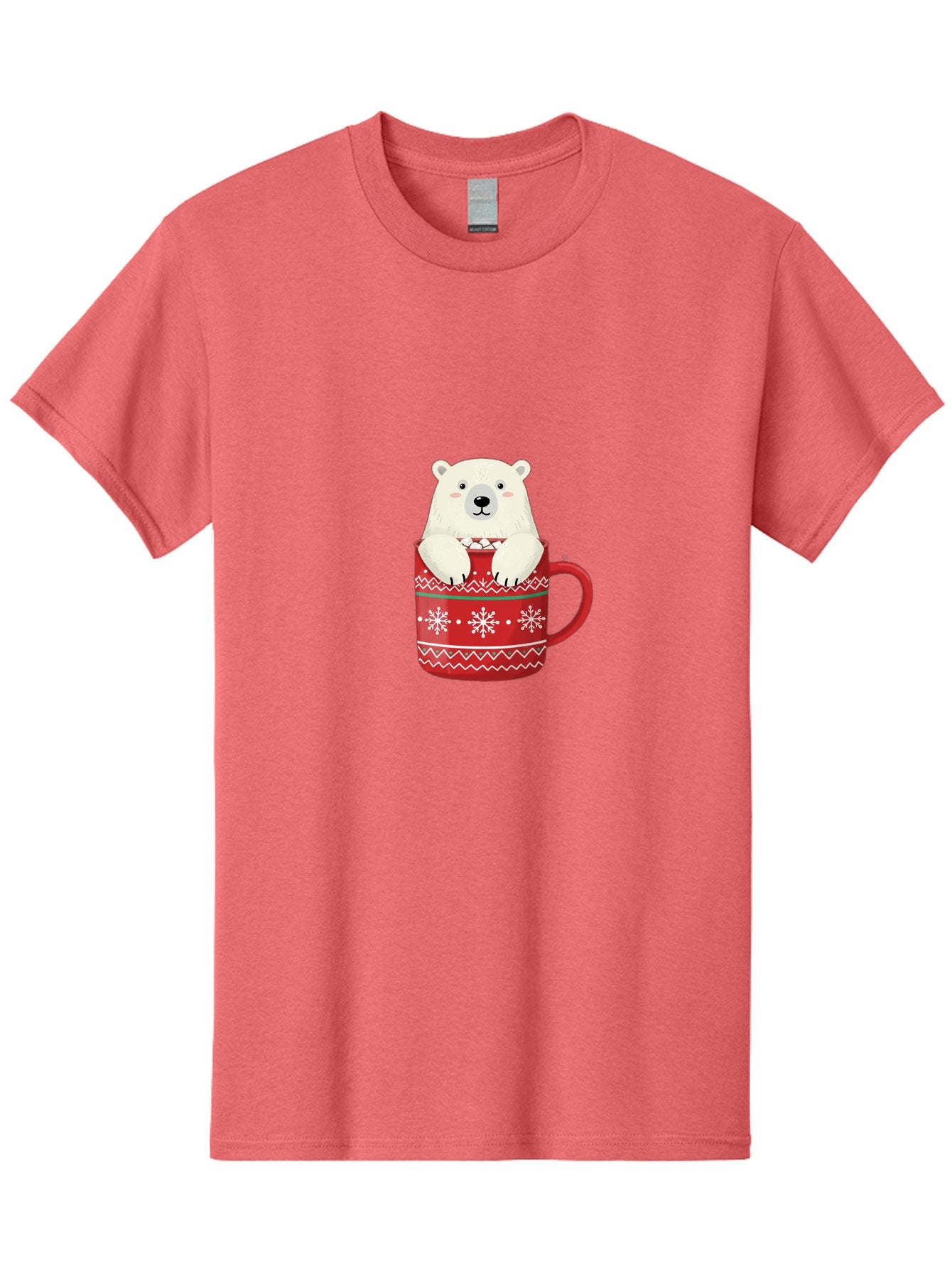 Polar-Bear-In-Mug-1 Men'S Graphic Tee, 100% Cotton, Comfortable Casual Summer Wear, Machine Washable, Polar Bear In A Mug, Christmas Mug, Red Mug, Snowflakes, White Bear, Funny Bear, Cartoon Character, Winter Theme, Festive Design, Bae655 12
