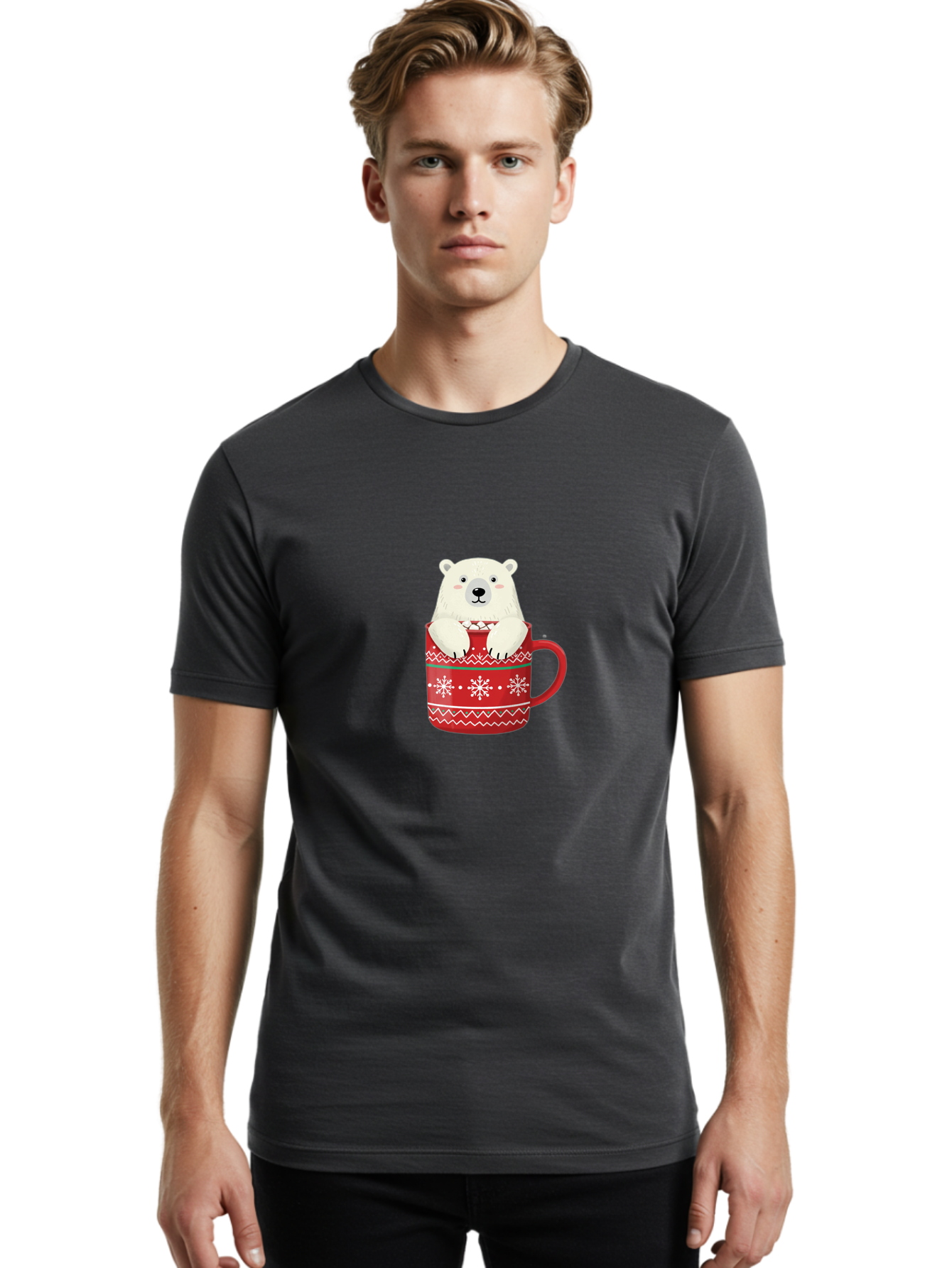 Polar-Bear-In-Mug-1 Men'S Graphic Tee, 100% Cotton, Comfortable Casual Summer Wear, Machine Washable, Polar Bear In A Mug, Christmas Mug, Red Mug, Snowflakes, White Bear, Funny Bear, Cartoon Character, Winter Theme, Festive Design, Bae655 21